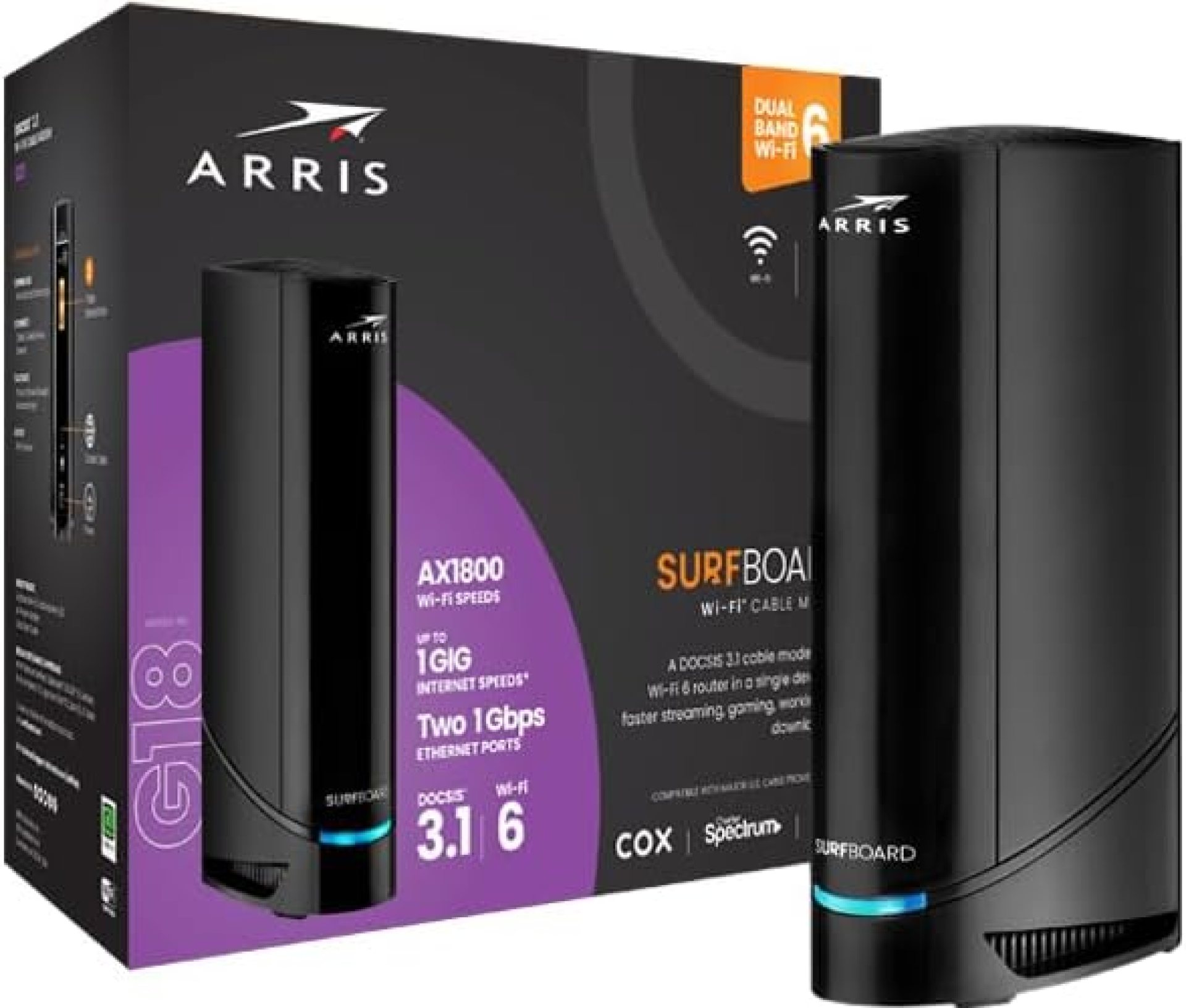 ARRIS (G18) – Cable Modem Router Combo – Fast DOCSIS 3.1 Multi-Gigabit WiFi 6 (AX1800), Approved for Comcast Xfinity, Cox, Spectrum & More ARRIS (G18) – Cable Modem Router Combo – Fast DOCSIS 3.1 Multi-Gigabit WiFi 6 (AX1800), Approved for Comcast Xfinity, Cox, Spectrum & More