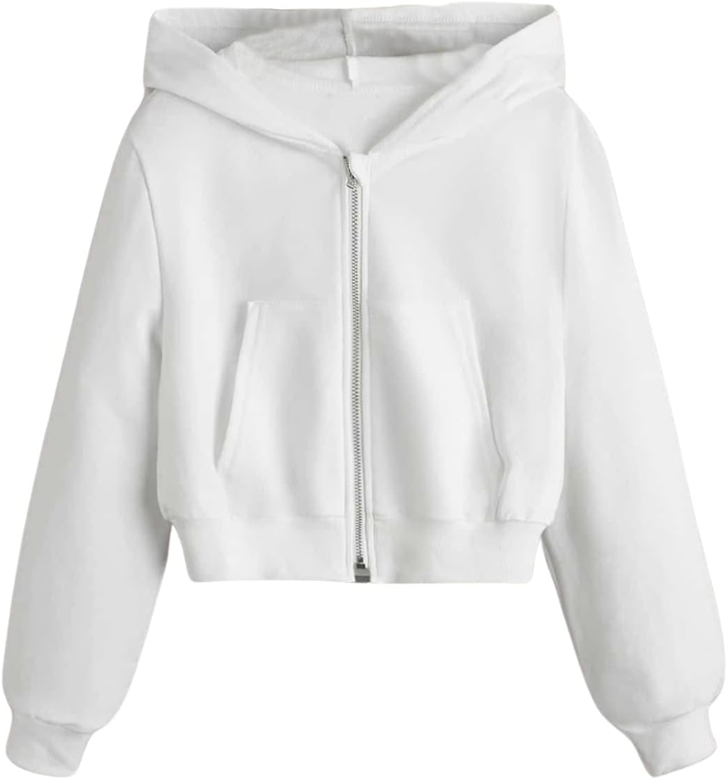 WDIRARA Girl’s Zip Front Hoodie Pocket Casual Long Sleeve Sweatshirt Cropped Tops WDIRARA Girl’s Zip Front Hoodie Pocket Casual Long Sleeve Sweatshirt Cropped Tops