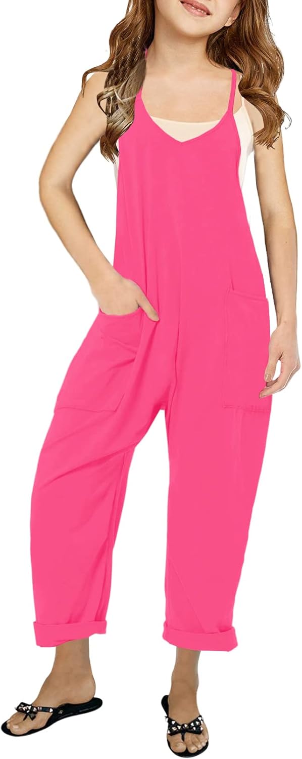 Cnkwei Girls’ Casual Sleeveless Jumpsuits Spaghetti Strap Loose Romper Long Pants with Pockets Cnkwei Girls’ Casual Sleeveless Jumpsuits Spaghetti Strap Loose Romper Long Pants with Pockets