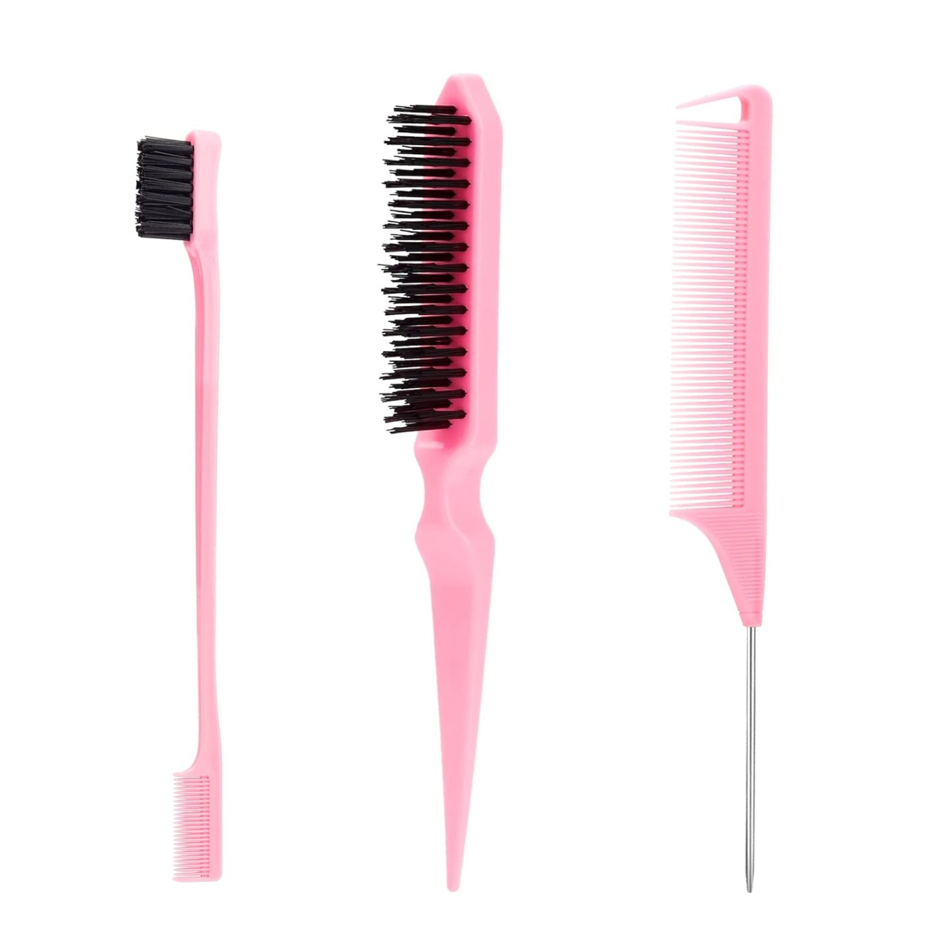 3 Pcs Slick Back Hair Brush with Rat Tail Comb, Edge Brush, Bristle Brush, Teasing Brush Set for Sleek Ponytail/Bun, Edge Control and Smoothing Baby Hair & Flyaways – Pink 3 Pcs Slick Back Hair Brush with Rat Tail Comb, Edge Brush, Bristle Brush, Teasing Brush Set for Sleek Ponytail/Bun, Edge Control and Smoothing Baby Hair & Flyaways – Pink