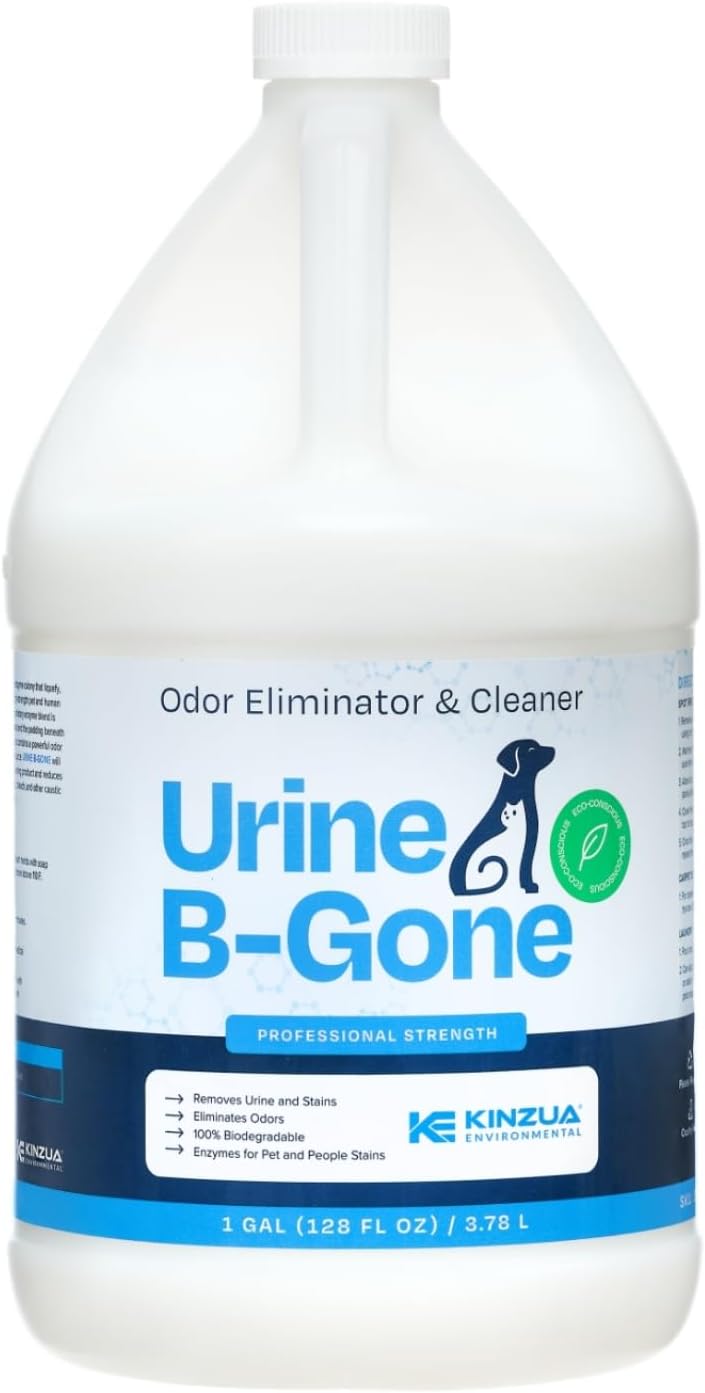 KINZUA ENVIRONMENTAL Urine B-Gone, Professional Enzyme Odor Eliminator & Pet Stain Remover, Human, Cat & Dog Urine Cleaner, Effective on Laundry, Carpets & More, Original Scent, 1 Gallon KINZUA ENVIRONMENTAL Urine B-Gone, Professional Enzyme Odor Eliminator & Pet Stain Remover, Human, Cat & Dog Urine Cleaner, Effective on Laundry, Carpets & More, Original Scent, 1 Gallon