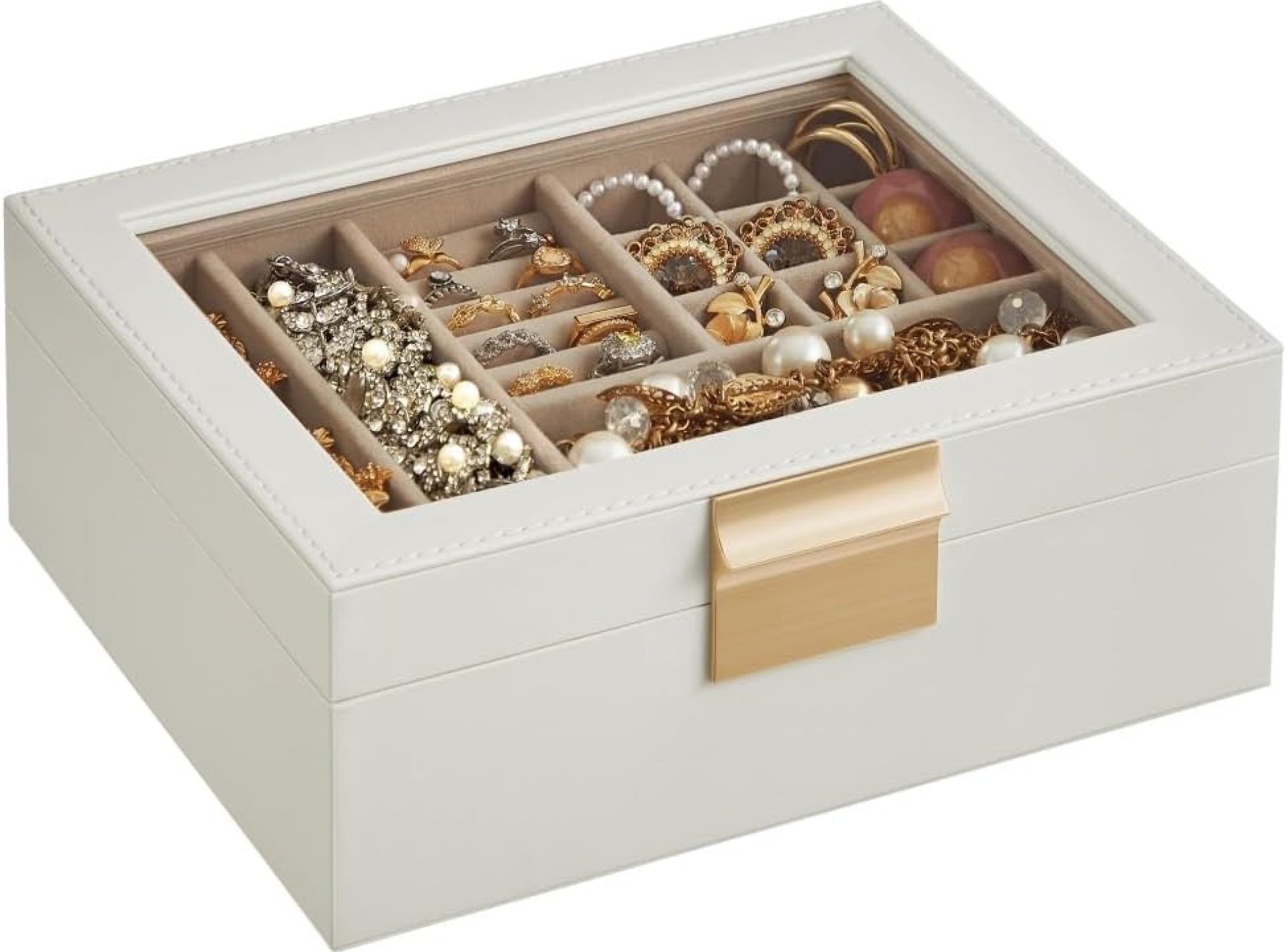 SONGMICS Jewelry Box with Glass Lid, 2-Layer Jewelry Organizer with Removable Tray, Jewelry Storage, Modern Style, Gift for Loved Ones, Cloud White and Metallic Gold UJBC238W01 SONGMICS Jewelry Box with Glass Lid, 2-Layer Jewelry Organizer with Removable Tray, Jewelry Storage, Modern Style, Gift for Loved Ones, Cloud White and Metallic Gold UJBC238W01