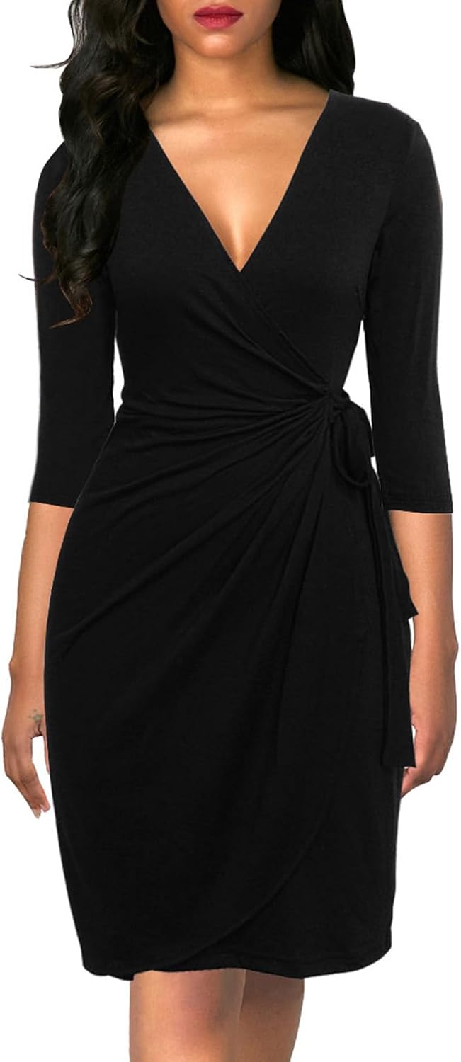 Berydress Women’s Classic 3/4 Sleeve V Neck Sheath Casual Party Work Faux Black Wrap Dress Berydress Women’s Classic 3/4 Sleeve V Neck Sheath Casual Party Work Faux Black Wrap Dress