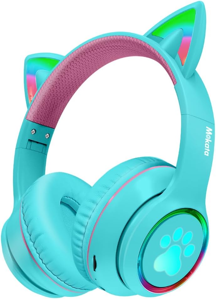 Headphones Cat Ear Wireless Bluetooth 5.3 60H Over Ear, 8H with Led Light Foldable Music Gaming Headset with Aux 3.5mm Mic for Game TV Pad Tablet Laptop Cellphone Cyan Headphones Cat Ear Wireless Bluetooth 5.3 60H Over Ear, 8H with Led Light Foldable Music Gaming Headset with Aux 3.5mm Mic for Game TV Pad Tablet Laptop Cellphone Cyan