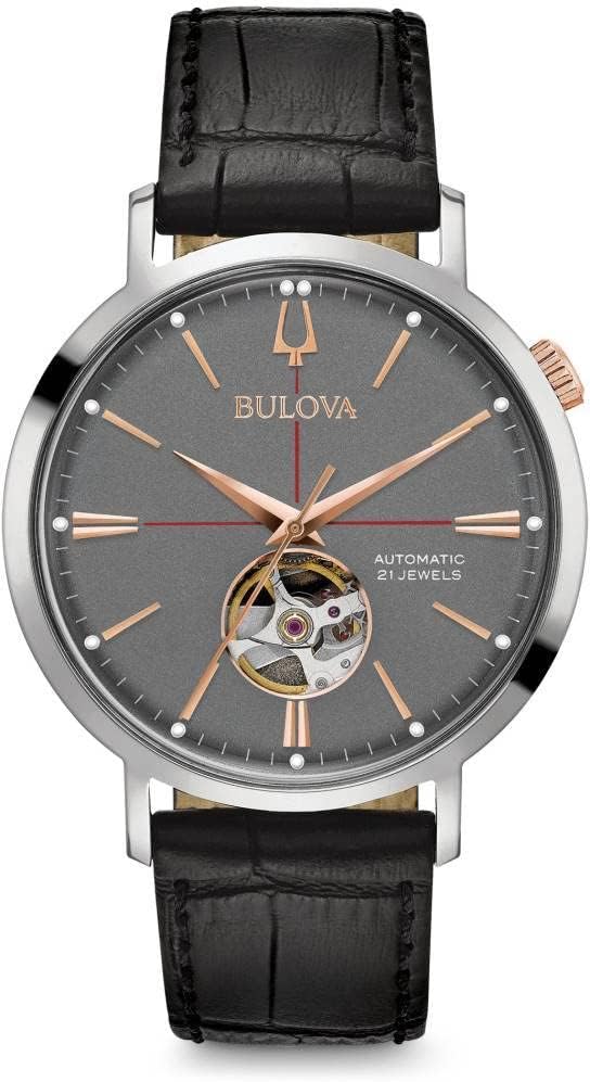 Bulova Men’s Classic Aerojet 3-Hand Automatic Leather Strap Watch, Open Aperture, 40-Hour Power Reserve, Double Curved Mineral Crystal, 41mm Bulova Men’s Classic Aerojet 3-Hand Automatic Leather Strap Watch, Open Aperture, 40-Hour Power Reserve, Double Curved Mineral Crystal, 41mm