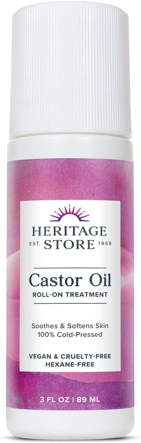 HERITAGE STORE Castor Oil Roll On Nourishing Treatment – Targeted Hydration for Skin Care, Hair Care, Quick and Easy Castor Oil Pack Wrap – Hexane Free, Vegan, Cruelty Free, 60-Day Guarantee, 3oz HERITAGE STORE Castor Oil Roll On Nourishing Treatment – Targeted Hydration for Skin Care, Hair Care, Quick and Easy Castor Oil Pack Wrap – Hexane Free, Vegan, Cruelty Free, 60-Day Guarantee, 3oz