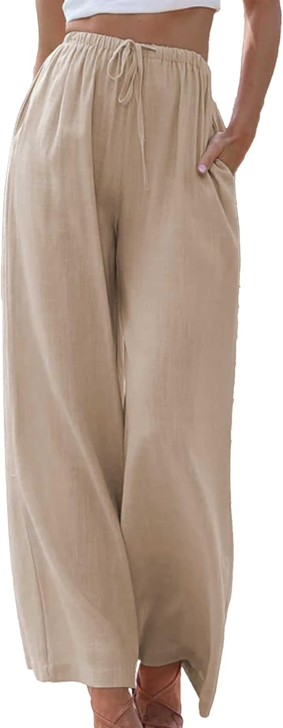 Duyang Womens Cotton Linen Palazzo Pants Drawstring Elastic Waist Casual Wide Leg Trousers with Pockets Duyang Womens Cotton Linen Palazzo Pants Drawstring Elastic Waist Casual Wide Leg Trousers with Pockets