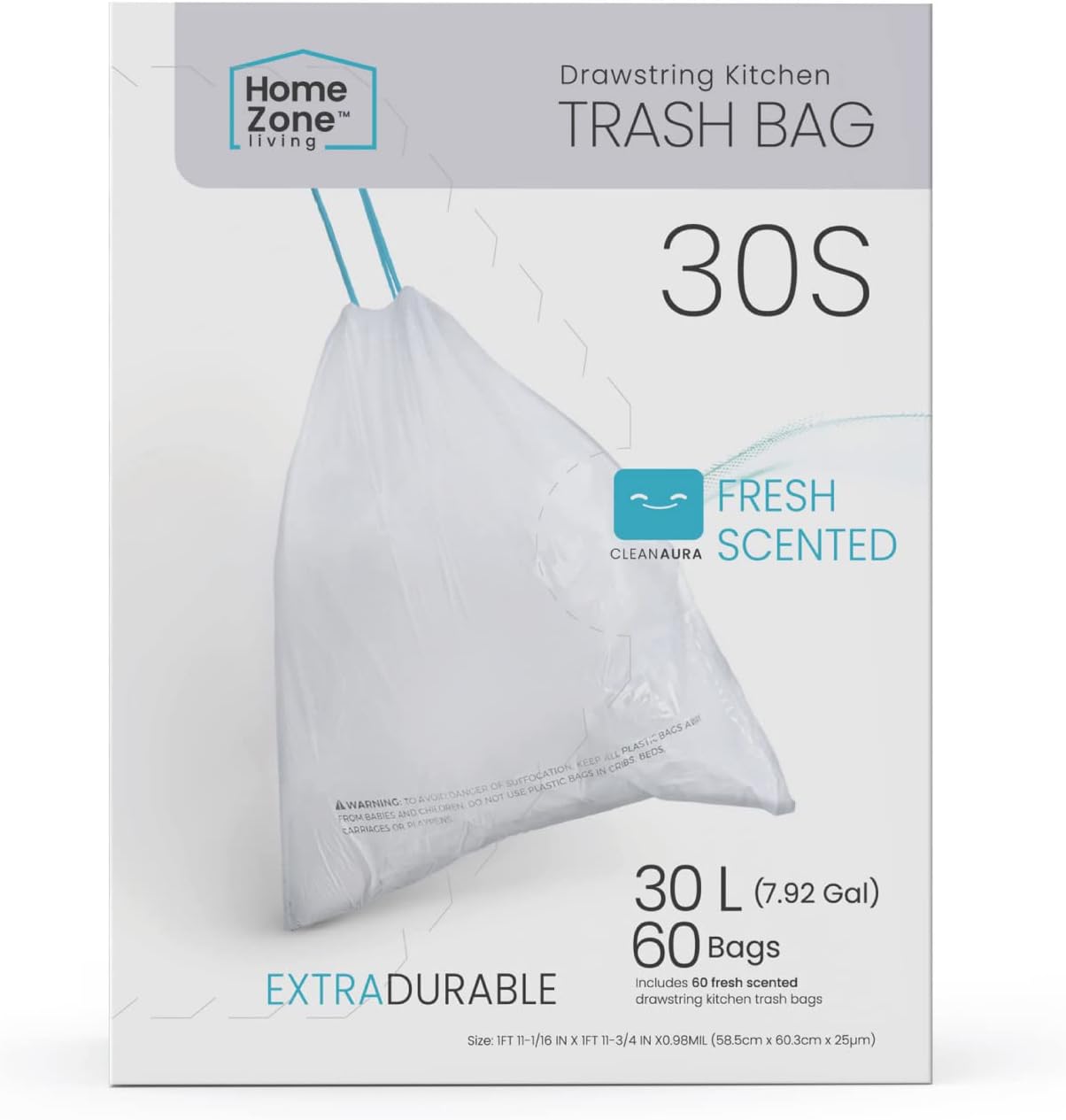 Home Zone Living 8 Gallon Kitchen Trash Bags with Drawstring Handles, Heavy Duty Custom Fit Design for Standard 30 Liter Kitchen Trash Cans, Code 30S, 60 Count Home Zone Living 8 Gallon Kitchen Trash Bags with Drawstring Handles, Heavy Duty Custom Fit Design for Standard 30 Liter Kitchen Trash Cans, Code 30S, 60 Count