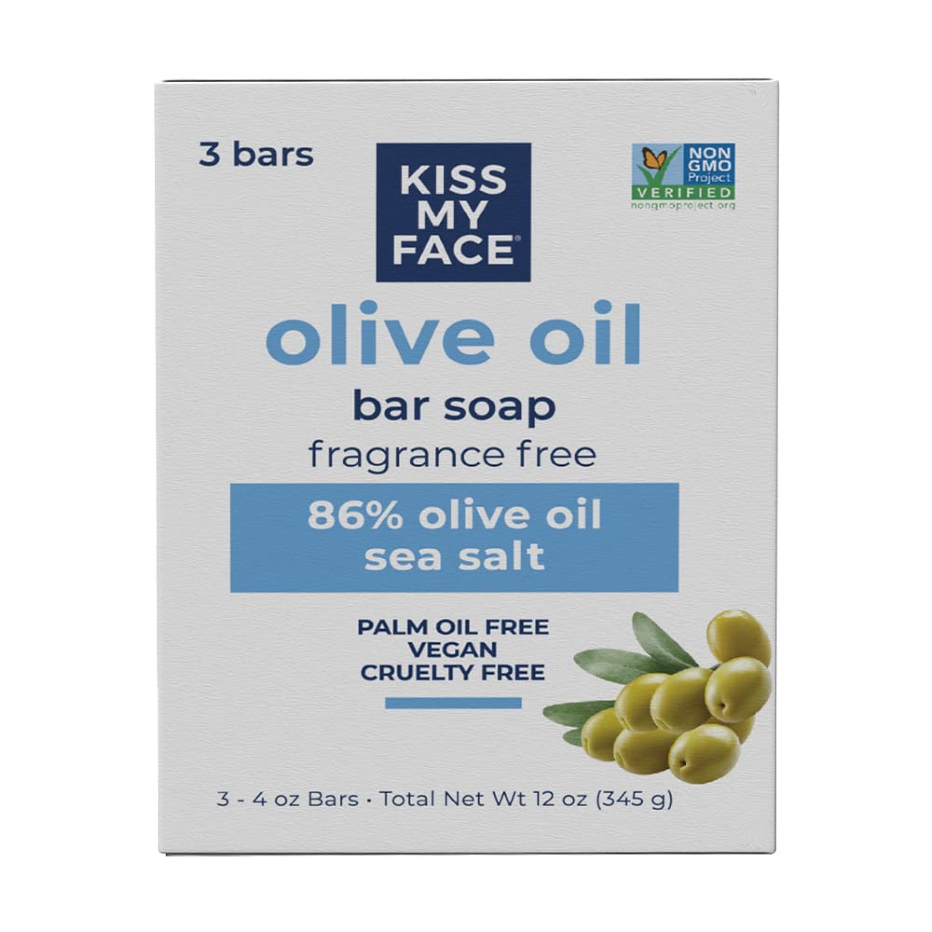 Kiss My Face Olive Oil Fragrance Free Bar Soap, Moisturizing Bar Soap, Cruelty Free Vegan Soap, Palm Oil Free, 4 Oz – 3 Count (Pack of 1) Kiss My Face Olive Oil Fragrance Free Bar Soap, Moisturizing Bar Soap, Cruelty Free Vegan Soap, Palm Oil Free, 4 Oz – 3 Count (Pack of 1)