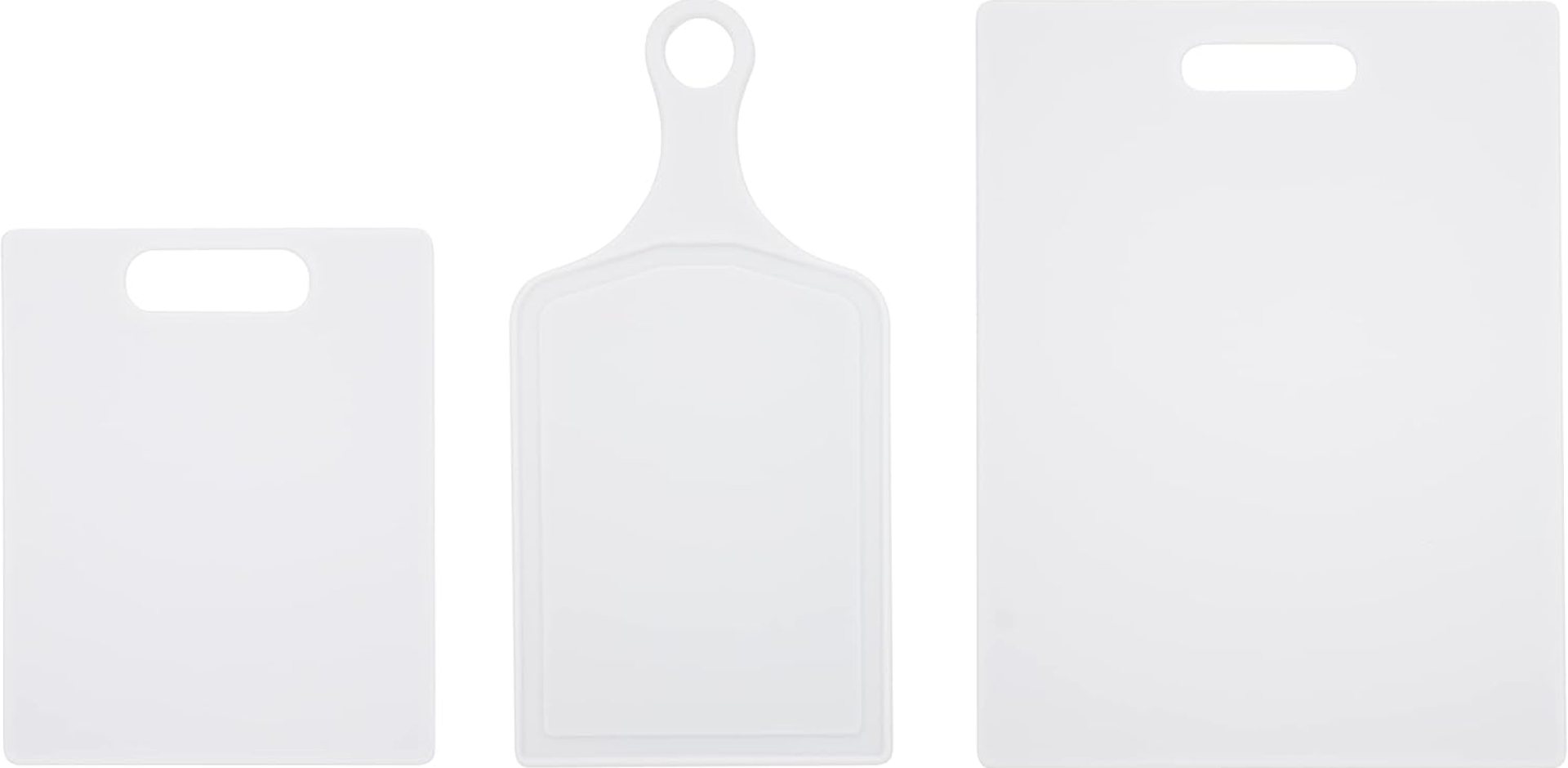 Farberware 3-Piece Plastic Cutting Board Set, Dishwasher-Safe Poly Chopping Board for Kitchen with Paddle, Charcuterie Board Set, White Farberware 3-Piece Plastic Cutting Board Set, Dishwasher-Safe Poly Chopping Board for Kitchen with Paddle, Charcuterie Board Set, White