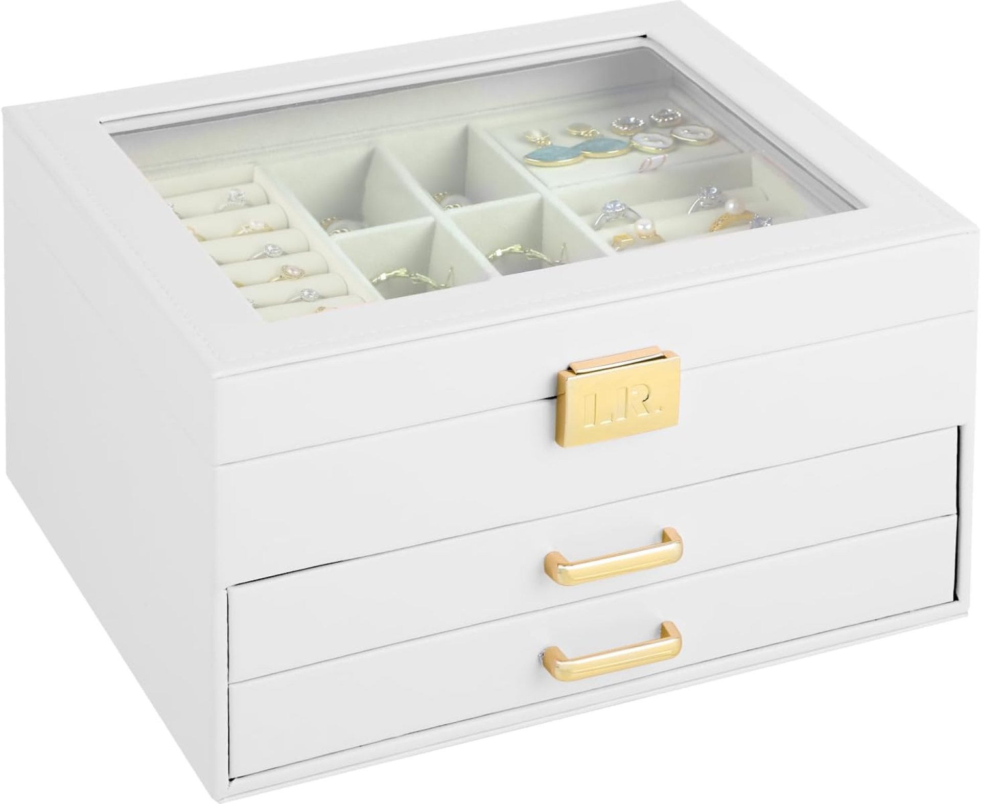 Jewelry Box For Women – 3 Layer Jewelry Organizer With Clear Lid, Large Jewelry Case With 2 Drawers For Bracelets Rings Earrings Necklace Storage, 8 x 9.2 x 5.3 Inches, White+Gold Jewelry Box For Women – 3 Layer Jewelry Organizer With Clear Lid, Large Jewelry Case With 2 Drawers For Bracelets Rings Earrings Necklace Storage, 8 x 9.2 x 5.3 Inches, White+Gold
