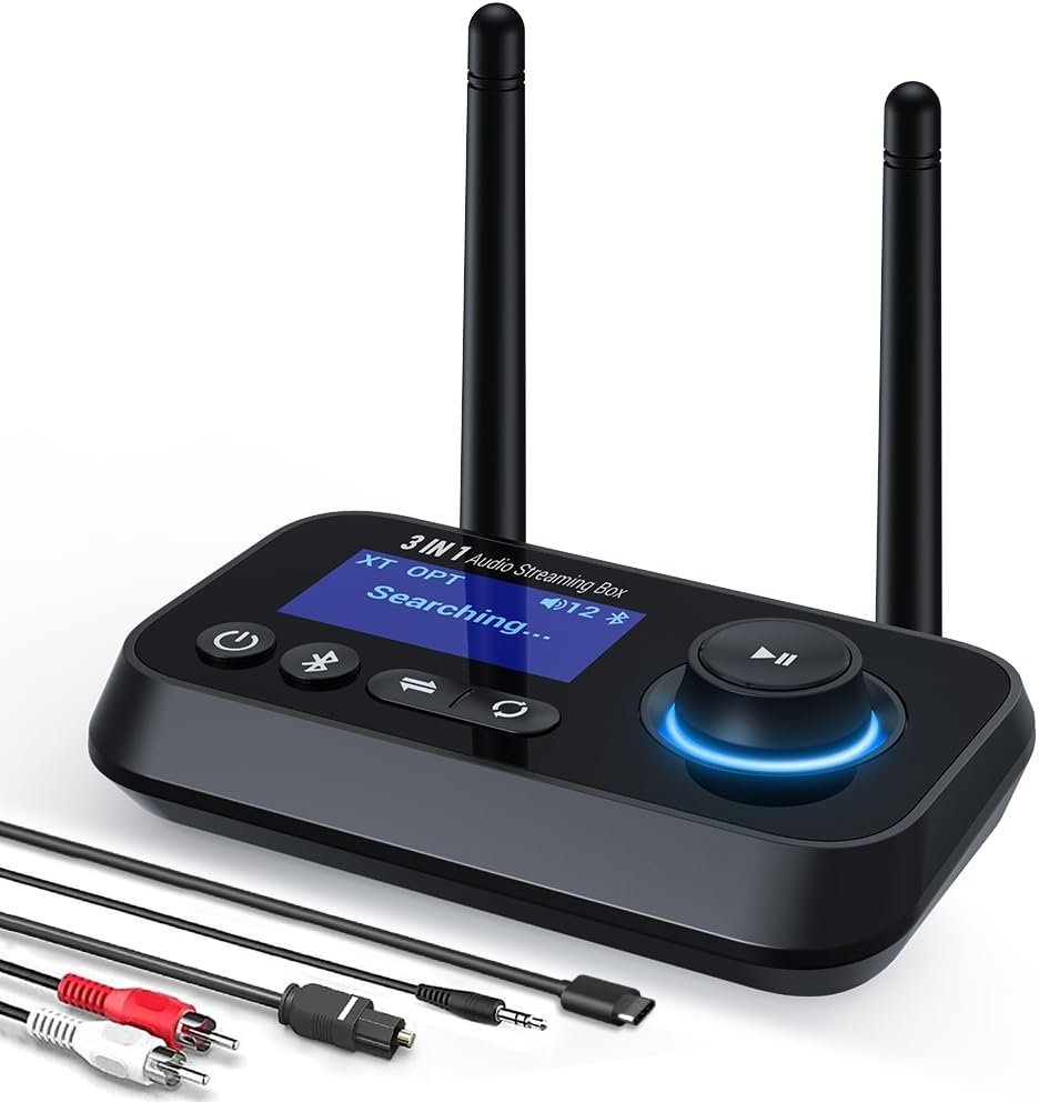 Bluetooth Transmitter Receiver 3-in-1 Bluetooth 5.3 Audio Adapter for 2 Headphones with Dual Antenna Bypass Volume Control LCD Display 3.5mm Aux/Optical/RCA for Home Stereo TV Speaker PC Bluetooth Transmitter Receiver 3-in-1 Bluetooth 5.3 Audio Adapter for 2 Headphones with Dual Antenna Bypass Volume Control LCD Display 3.5mm Aux/Optical/RCA for Home Stereo TV Speaker PC
