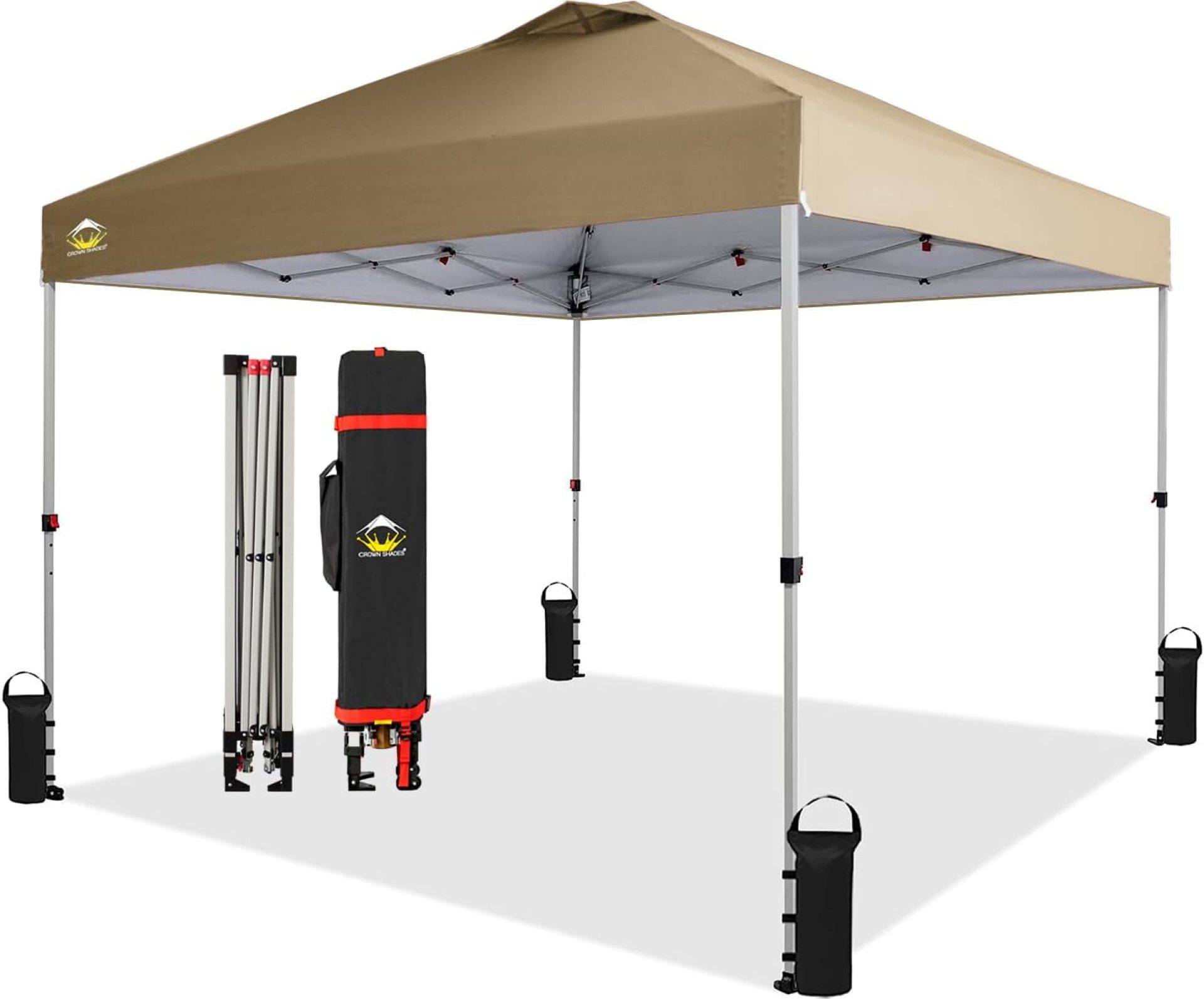 CROWN SHADES 10×10 Pop Up Canopy, Patented Center Lock One Push Tent Canopy, Newly Designed Storage Bag, 8 Stakes, 4 Ropes, Beige CROWN SHADES 10×10 Pop Up Canopy, Patented Center Lock One Push Tent Canopy, Newly Designed Storage Bag, 8 Stakes, 4 Ropes, Beige