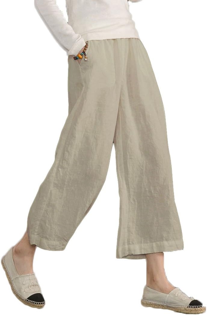 ECUPPER Womens Linen Cropped Pants Loose Casual Capri Cotton Wide Leg Plus Size Elastic Waist with Drawstring Trouses ECUPPER Womens Linen Cropped Pants Loose Casual Capri Cotton Wide Leg Plus Size Elastic Waist with Drawstring Trouses