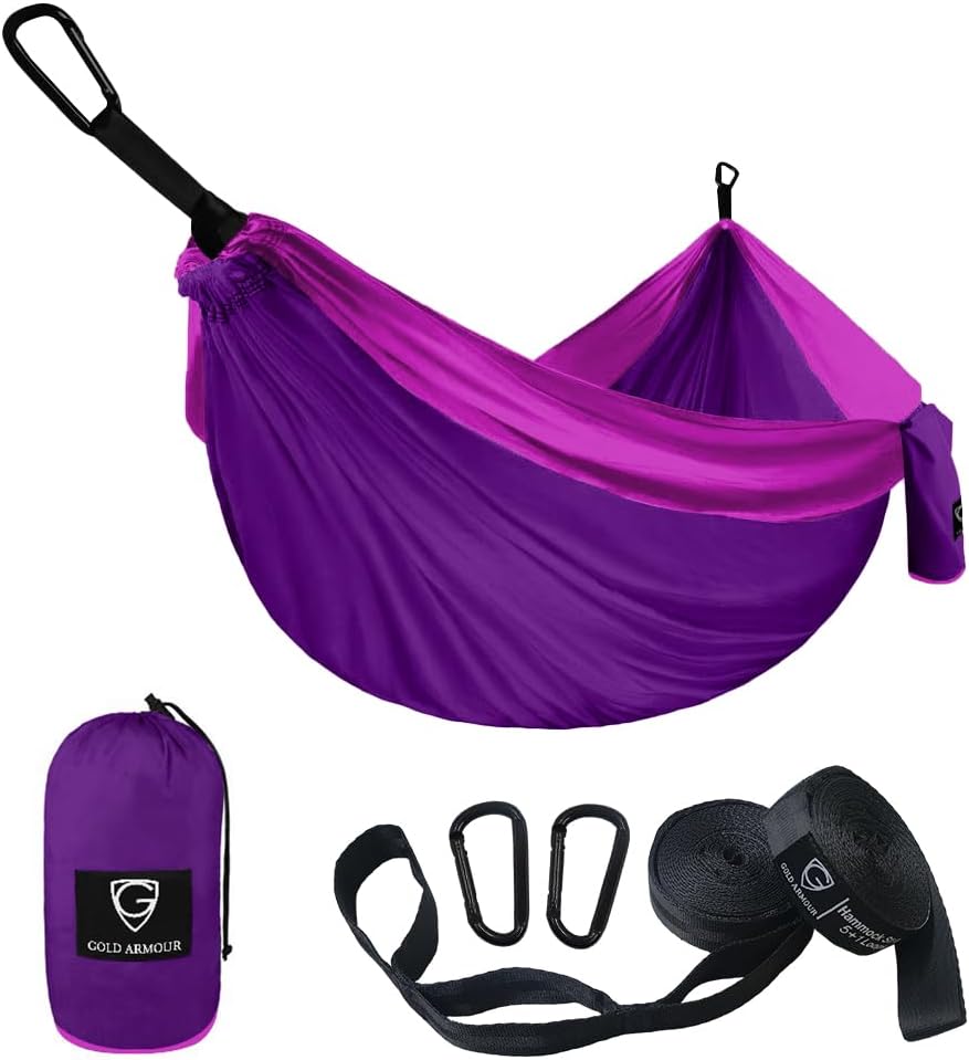 Gold Armour Camping Hammock – Portable Hammock Single Hammock Camping Accessories Gear for Outdoor Indoor Adult Kids, USA Based Brand (Purple and Fuchsia) Gold Armour Camping Hammock – Portable Hammock Single Hammock Camping Accessories Gear for Outdoor Indoor Adult Kids, USA Based Brand (Purple and Fuchsia)