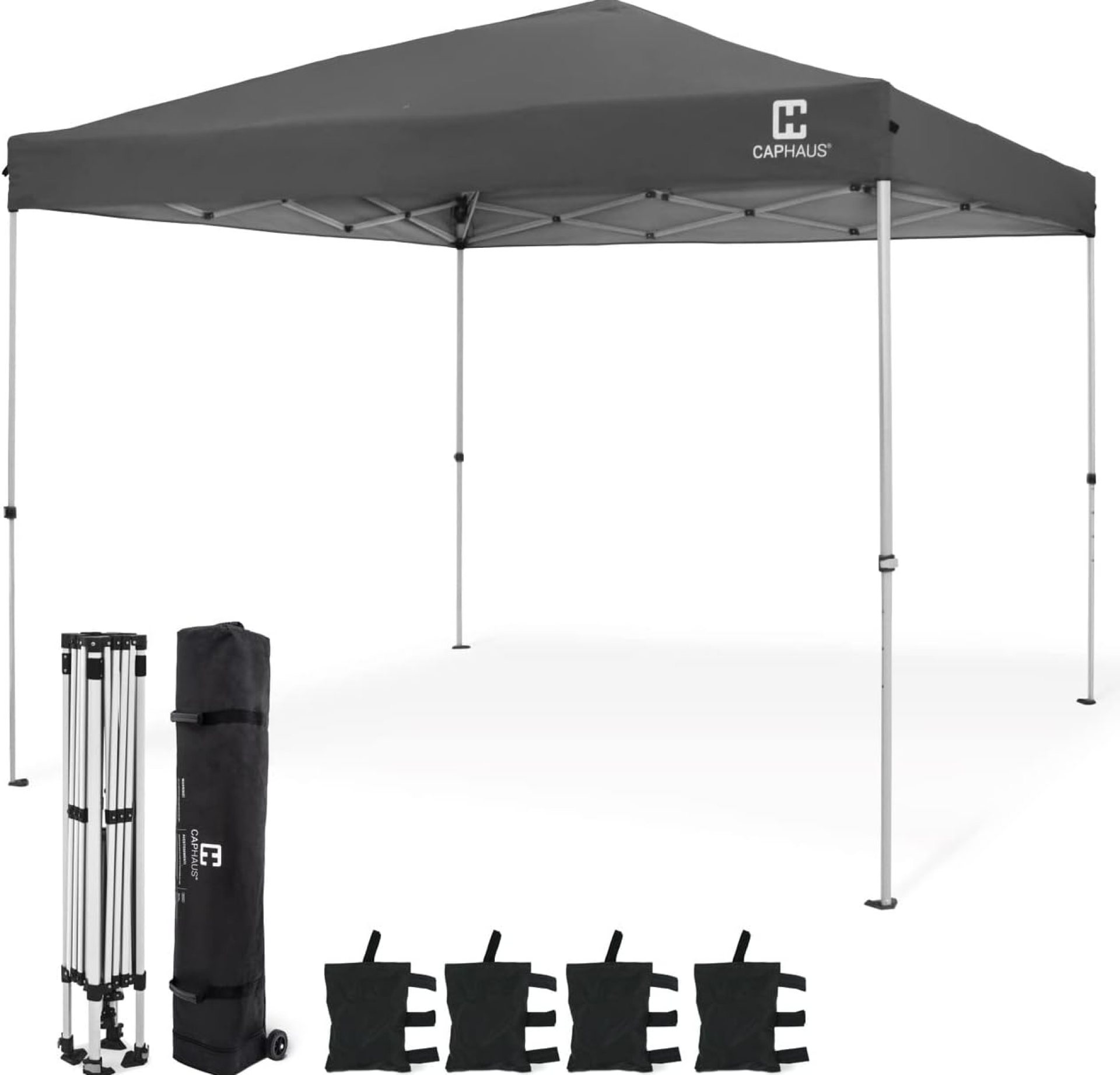 CAPHAUS Patented One-Push Pop Up Outdoor Canopy Tent, Heavy-Duty Commercial Grade w/Central Lock, Portable and Instant Folding Shelter with Wheeled Carry Bag and Weight Bag, 10ft x 10ft, Dark Grey CAPHAUS Patented One-Push Pop Up Outdoor Canopy Tent, Heavy-Duty Commercial Grade w/Central Lock, Portable and Instant Folding Shelter with Wheeled Carry Bag and Weight Bag, 10ft x 10ft, Dark Grey