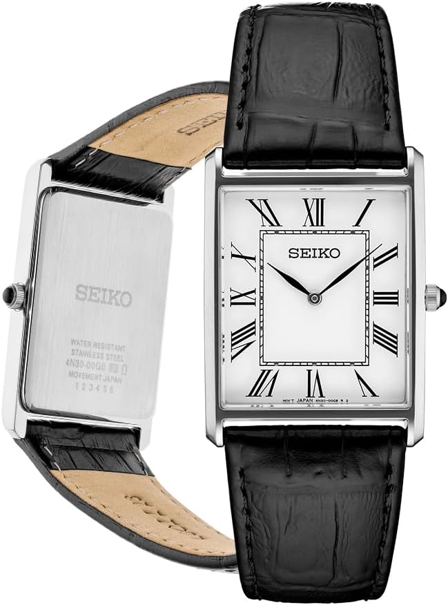 SEIKO Essentials Watch for Men – Essentials – Water Resistant with Stainless Steel Rectangular Case and Leather Strap SEIKO Essentials Watch for Men – Essentials – Water Resistant with Stainless Steel Rectangular Case and Leather Strap