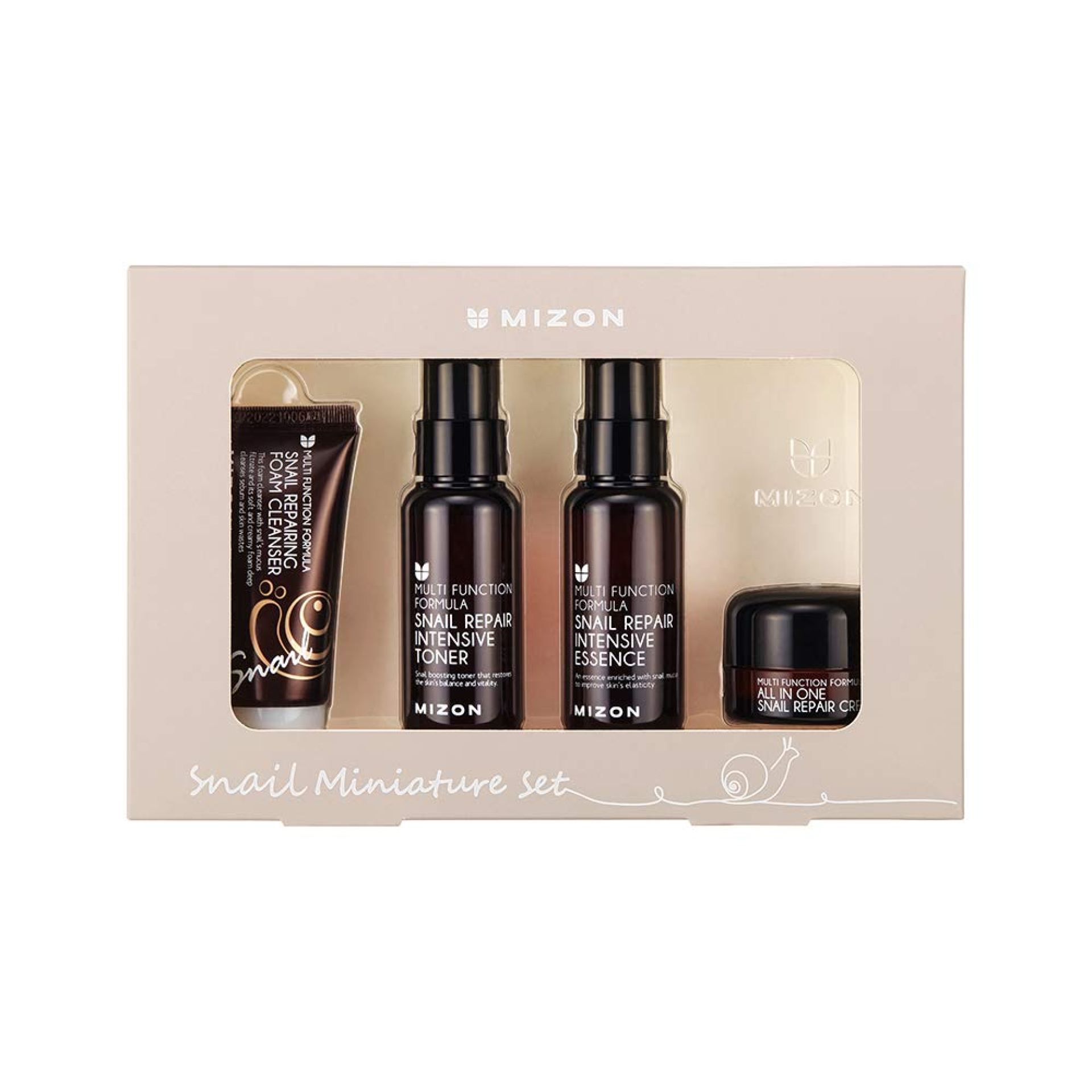 MIZON Snail Line Set, Korean Snail Skincare Essentials Set, Mini Sized Snail Foam Cleanser, Toner, Essence, and All in One Facial Cream to Improve Skin Tone, Fine Wrinkles, Smooth, Moisturize. MIZON Snail Line Set, Korean Snail Skincare Essentials Set, Mini Sized Snail Foam Cleanser, Toner, Essence, and All in One Facial Cream to Improve Skin Tone, Fine Wrinkles, Smooth, Moisturize.