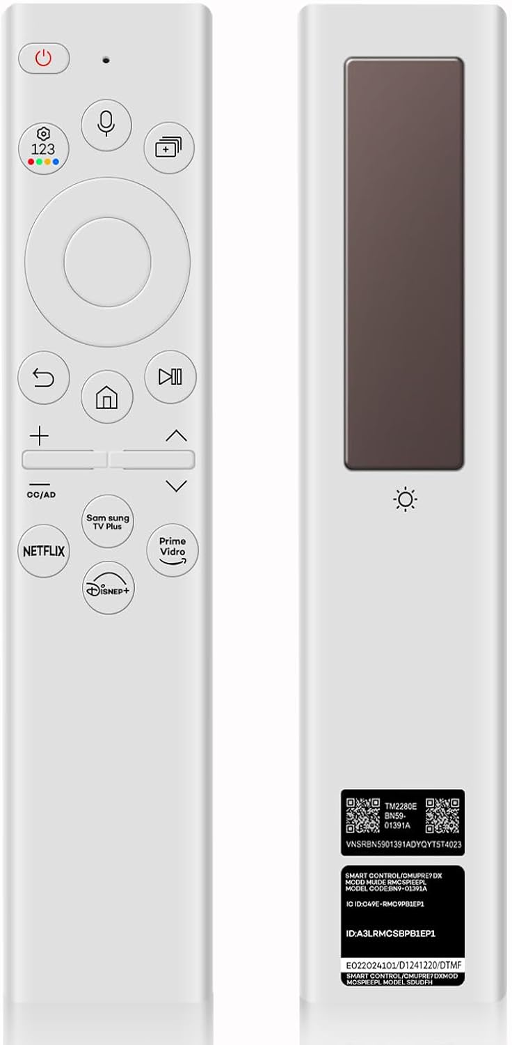 BN59-01391A Solar Voice Remote Replacement for Samsung Frame TV Remote with Bluetooth Rechargeable Solar Cell, Compatible with Samsung 2021-2023 Neo LED Smart 4K Ultra HD TV, 4 Shortcut Buttons, White BN59-01391A Solar Voice Remote Replacement for Samsung Frame TV Remote with Bluetooth Rechargeable Solar Cell, Compatible with Samsung 2021-2023 Neo LED Smart 4K Ultra HD TV, 4 Shortcut Buttons, White