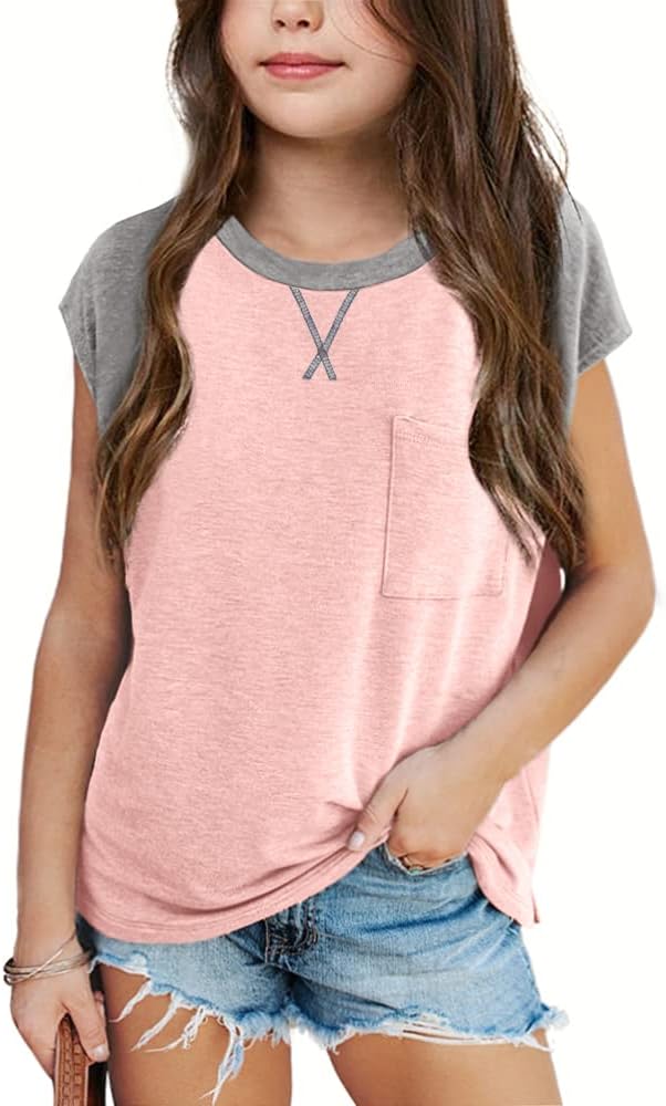 Imily Bela Girls Summer T Shirts Casual Cap Sleeve Crewneck Raglan Tops with Pocket Imily Bela Girls Summer T Shirts Casual Cap Sleeve Crewneck Raglan Tops with Pocket