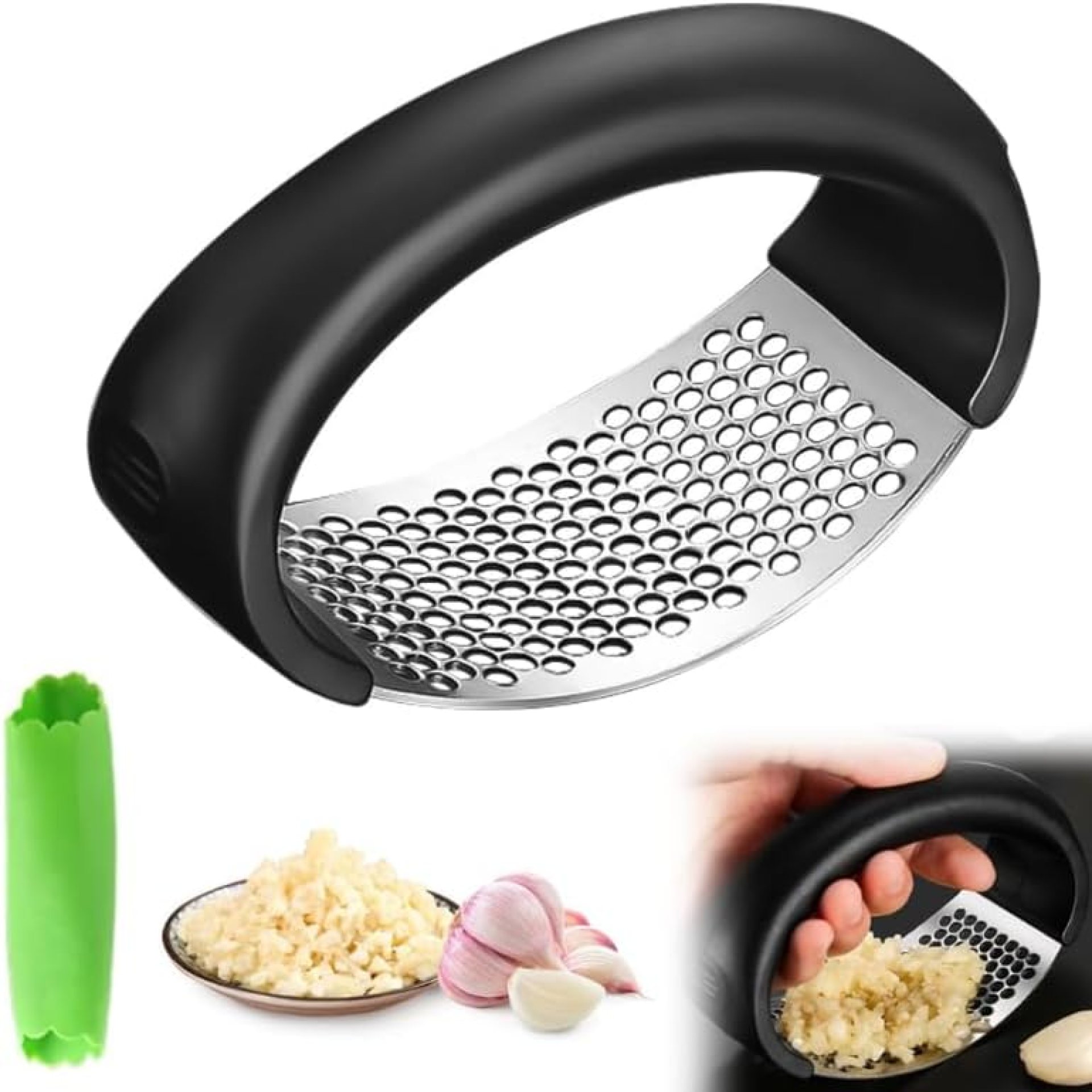Garlic Press Rocker, Portable Manual Stainless Steel Garlic Press Rocker Crusher Masher with Garlic Peeling Drum for Home Kitchen Utensils (Black) Garlic Press Rocker, Portable Manual Stainless Steel Garlic Press Rocker Crusher Masher with Garlic Peeling Drum for Home Kitchen Utensils (Black)