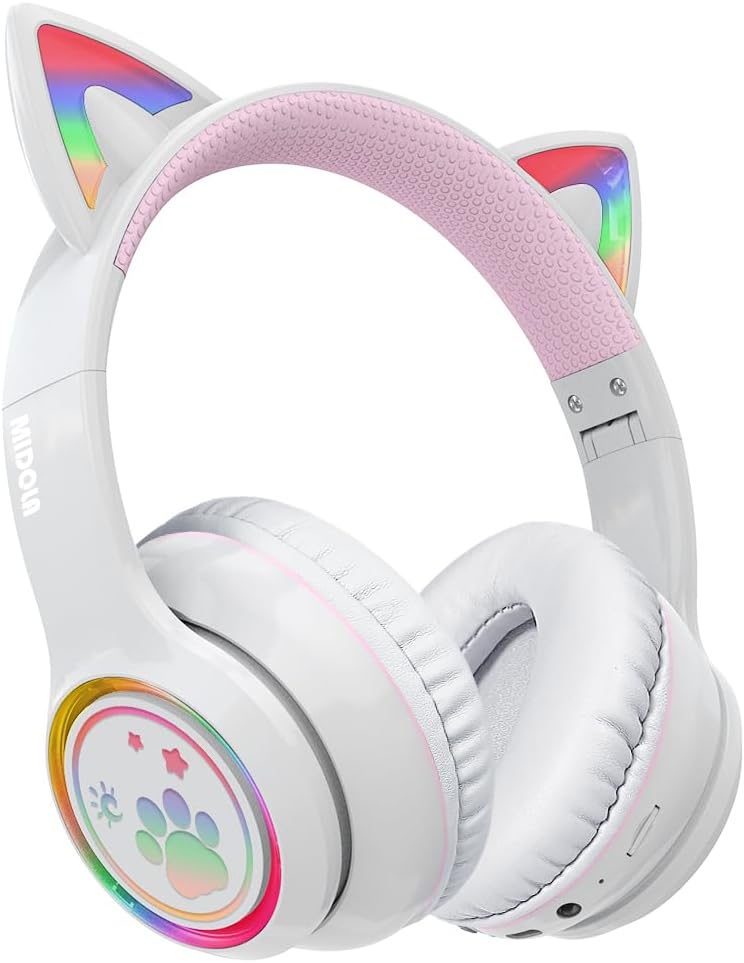 MIDOLA Headphones Cat Ear Wireless Bluetooth 5.3 60H Over Ear, 8H with Led Light Foldable Music Gaming Headset with Aux 3.5mm Mic for Game Pad Tablet Laptop Phone White MIDOLA Headphones Cat Ear Wireless Bluetooth 5.3 60H Over Ear, 8H with Led Light Foldable Music Gaming Headset with Aux 3.5mm Mic for Game Pad Tablet Laptop Phone White