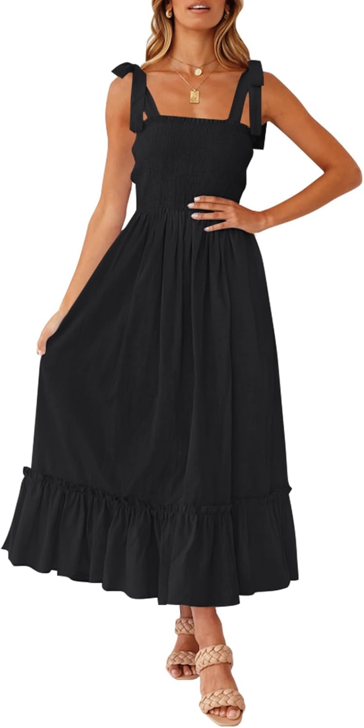 ZESICA Women’s 2025 Summer Boho Spaghetti Strap Square Neck Solid Color Ruffle A Line Beach Long Maxi Dress ZESICA Women’s 2025 Summer Boho Spaghetti Strap Square Neck Solid Color Ruffle A Line Beach Long Maxi Dress