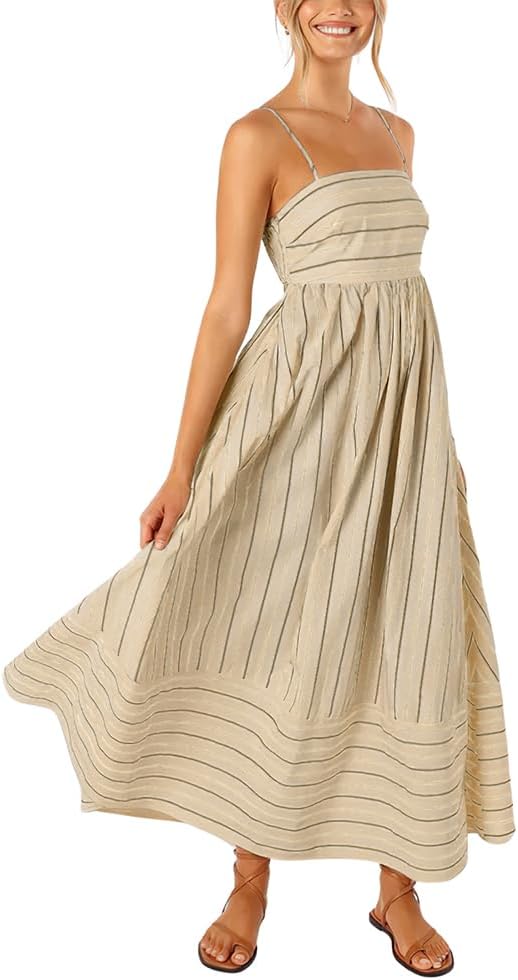 chouyatou Women’s Striped Back Smocked Maxi Dress Sexy Spaghetti Strap Cut Out Flowy Swing Long Dress chouyatou Women’s Striped Back Smocked Maxi Dress Sexy Spaghetti Strap Cut Out Flowy Swing Long Dress