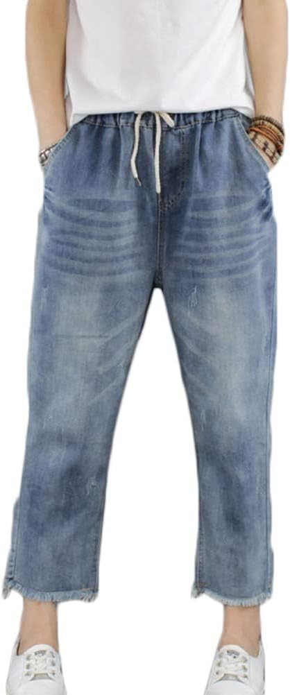 FTCayanz Women’s Elastic Waist Cropped Jeans Baggy Drawstring Stretch Denim Pants with Pockets FTCayanz Women’s Elastic Waist Cropped Jeans Baggy Drawstring Stretch Denim Pants with Pockets