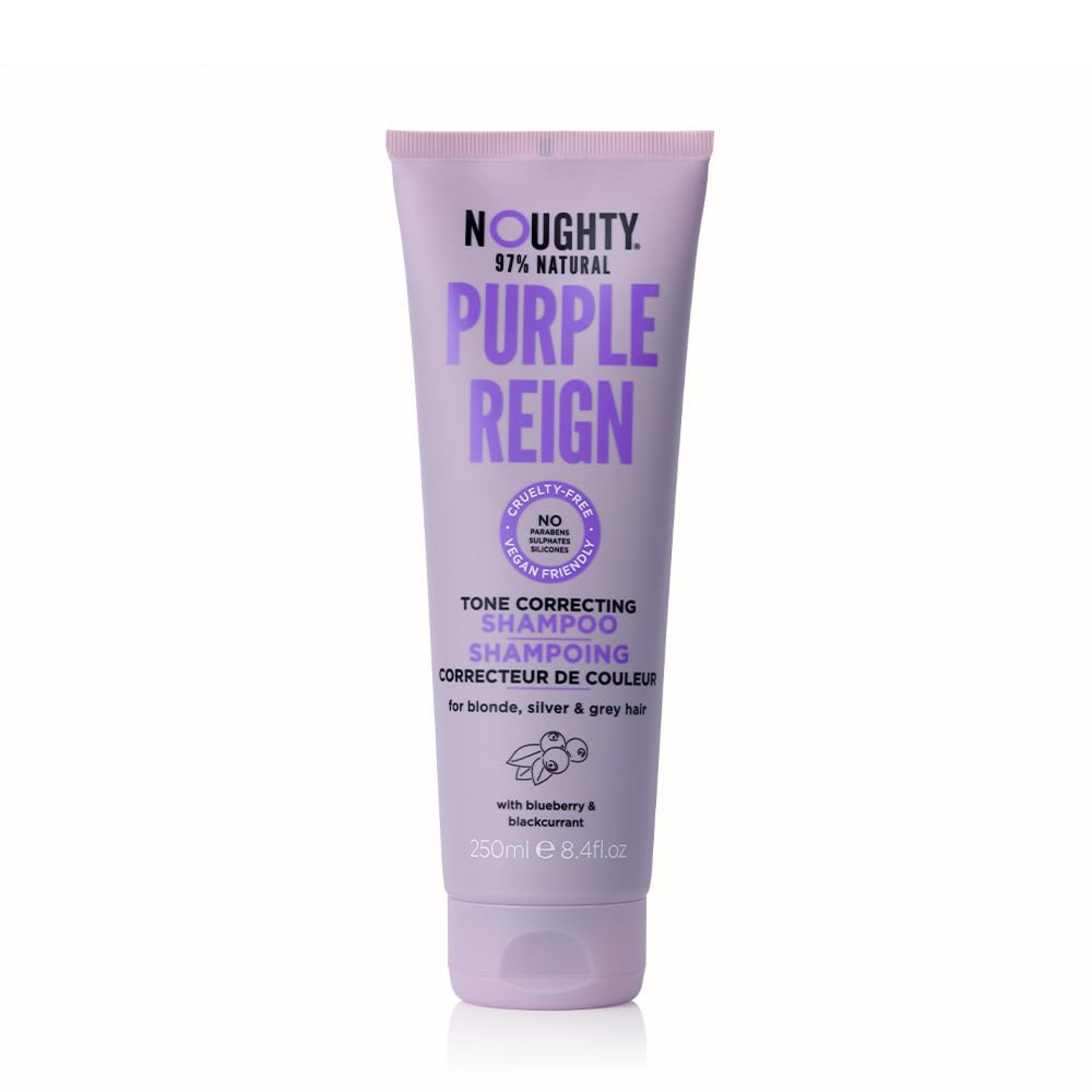 Noughty 97% Natural Purple Reign Tone Correcting Shampoo for Blonde, Grey or Silver Hair to Banish Brassy Tones with Blueberry and Blackcurrant, Sulphate Free Vegan Haircare, 250ml Noughty 97% Natural Purple Reign Tone Correcting Shampoo for Blonde, Grey or Silver Hair to Banish Brassy Tones with Blueberry and Blackcurrant, Sulphate Free Vegan Haircare, 250ml