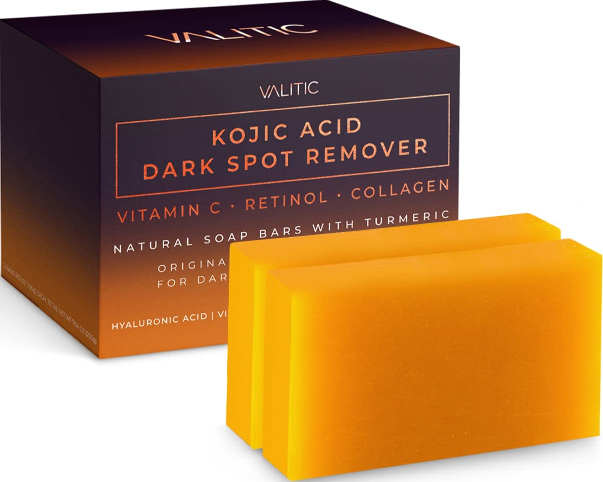 VALITIC Kojic Acid Dark Spot Remover Soap Bars with Vitamin C, Retinol, Collagen, Turmeric – Original Japanese Complex Infused with Hyaluronic Acid, Vitamin E, Shea Butter, Castile Olive Oil (2 Pack) VALITIC Kojic Acid Dark Spot Remover Soap Bars with Vitamin C, Retinol, Collagen, Turmeric – Original Japanese Complex Infused with Hyaluronic Acid, Vitamin E, Shea Butter, Castile Olive Oil (2 Pack)