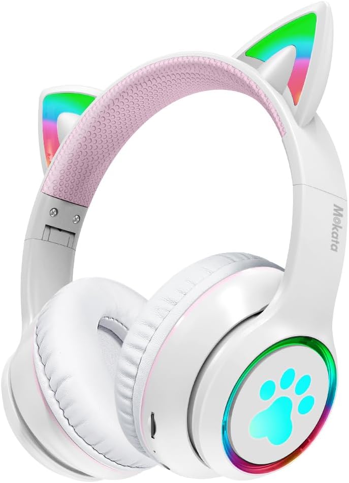 Gaming Bluetooth 5.0 Wireless Headphones Over Ear Cat Led Light Foldable Music Headset with Aux 3.5mm Microphone (Built-in) for Adult & Kids PC TV Game Music Pad Laptop Cellphone White Gaming Bluetooth 5.0 Wireless Headphones Over Ear Cat Led Light Foldable Music Headset with Aux 3.5mm Microphone (Built-in) for Adult & Kids PC TV Game Music Pad Laptop Cellphone White