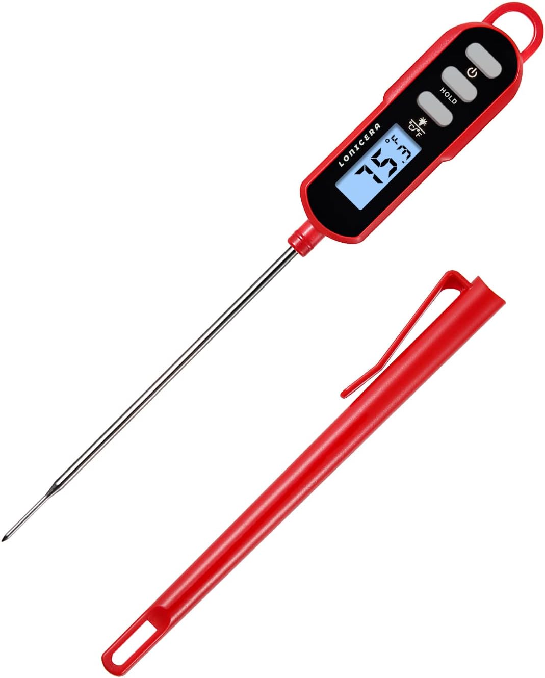 Lonicera Digital Cooking Thermometer for Bread Baking, Food and Water Temperature Measurement. Waterproof and Long Stem with Meat Temp Guide, Display with Backlit (Red) Lonicera Digital Cooking Thermometer for Bread Baking, Food and Water Temperature Measurement. Waterproof and Long Stem with Meat Temp Guide, Display with Backlit (Red)