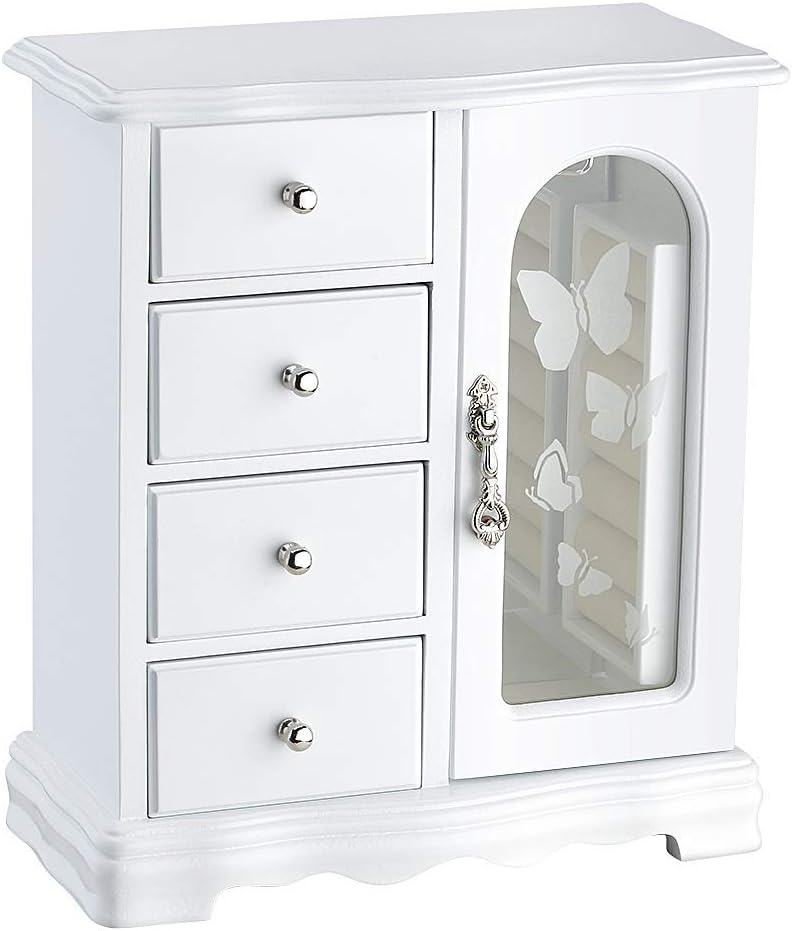 RR ROUND RICH DESIGN Jewelry Box – Made of Solid Wood with 4 Drawers Organizer and Built-in Necklace Carousel and Large Mirror White RR ROUND RICH DESIGN Jewelry Box – Made of Solid Wood with 4 Drawers Organizer and Built-in Necklace Carousel and Large Mirror White