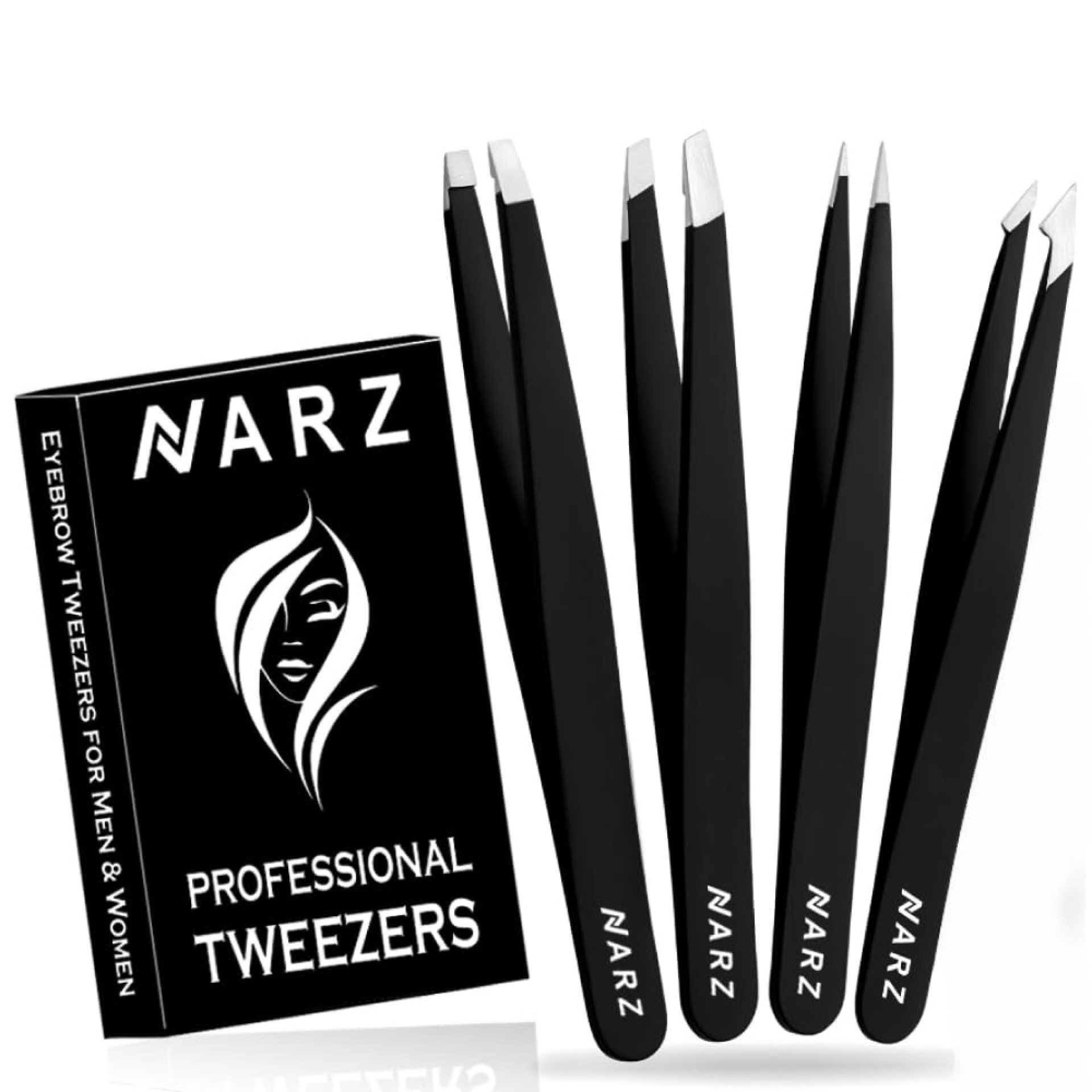 NARZ 4Pcs Professional Tweezers for Women Facial Hair Stainless Steel Precision Tweezers for Ingrown Hair Eyebrow Tweezer for Men & Women (Black Set) NARZ 4Pcs Professional Tweezers for Women Facial Hair Stainless Steel Precision Tweezers for Ingrown Hair Eyebrow Tweezer for Men & Women (Black Set)
