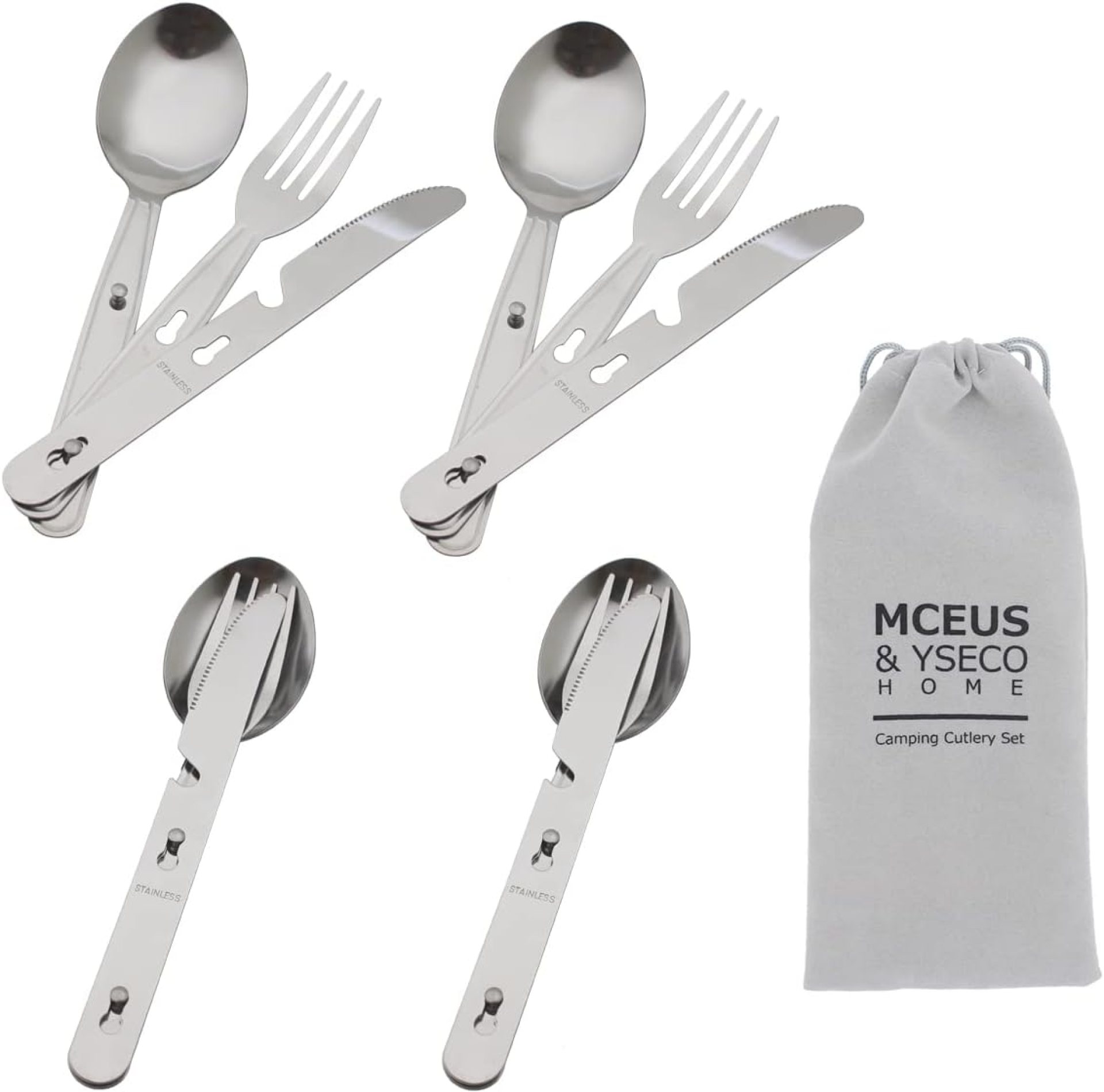 4-in-1 Camping Utensils Hiking Cutlery Set for 4, Portable Stainless Steel Flatware Spoon Fork, Knife & Bottle Opener Combo pack for Picnic Travel, Barbecue, Backpack Outdoor Gear with Carrying Bag 4-in-1 Camping Utensils Hiking Cutlery Set for 4, Portable Stainless Steel Flatware Spoon Fork, Knife & Bottle Opener Combo pack for Picnic Travel, Barbecue, Backpack Outdoor Gear with Carrying Bag