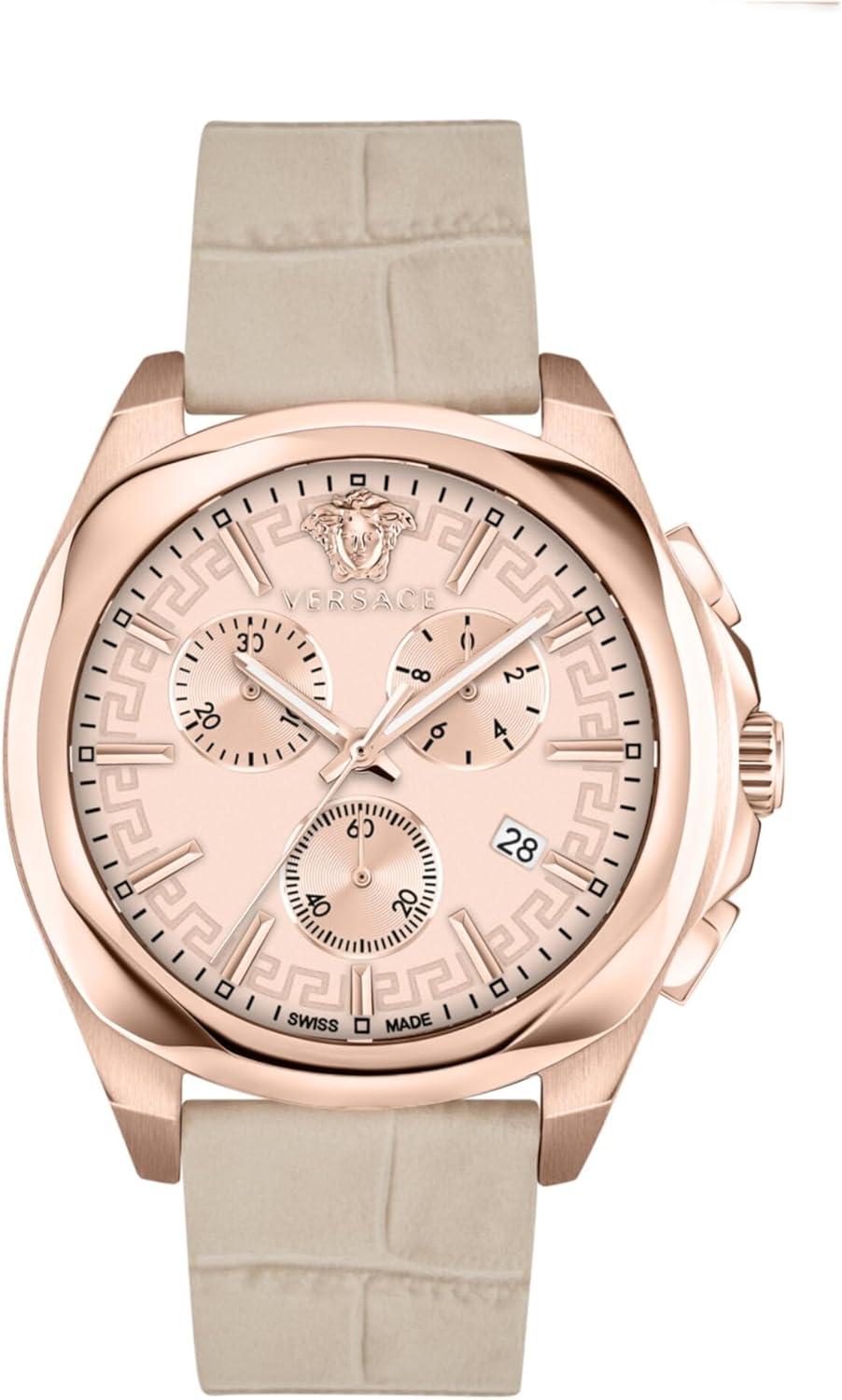 Versace Medusa Chrono Collection Luxury Womens Watch Timepieces with a Ivory Strap and Dial Featuring a Rosegold Case Versace Medusa Chrono Collection Luxury Womens Watch Timepieces with a Ivory Strap and Dial Featuring a Rosegold Case