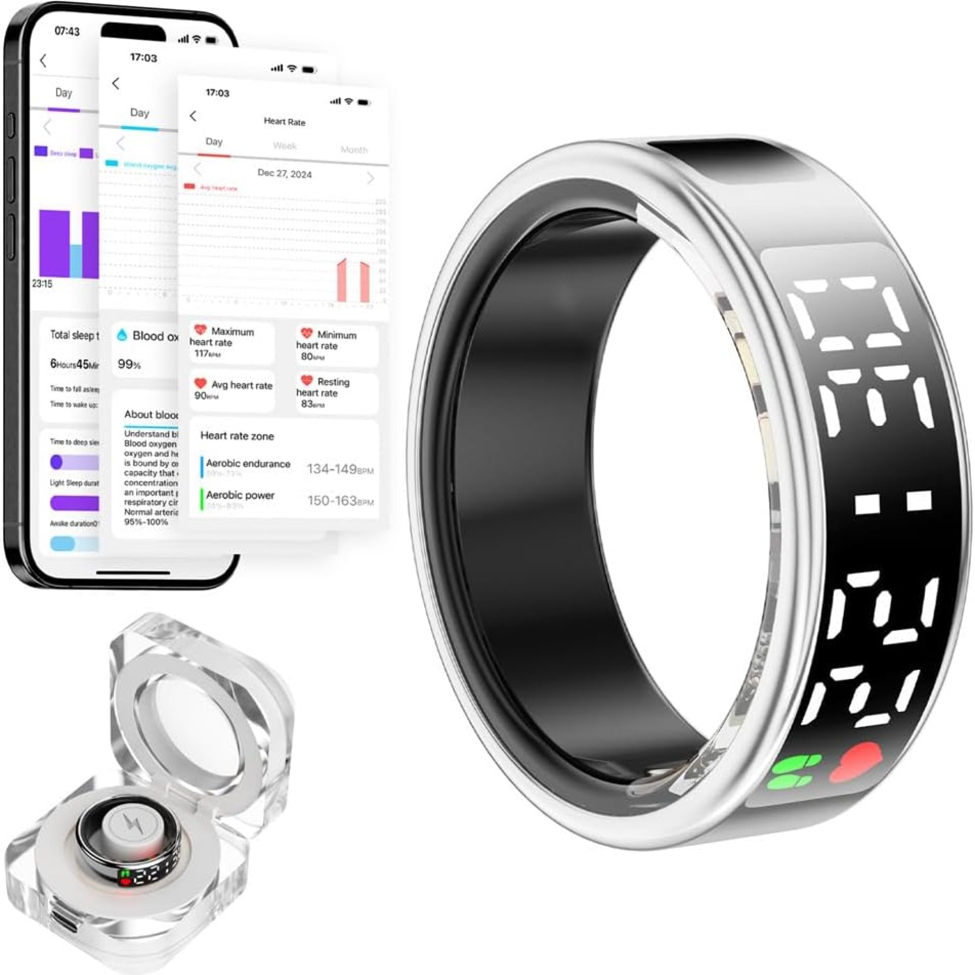 Smart Ring for Women Men with LED Display Screen & Touch Button, IP68 Waterproof Health Ring, Bluetooth Connection Health Tracker Ring Tracks Sport Activities/Heart Rate/Blood Oxygen/Sleep/Steps Smart Ring for Women Men with LED Display Screen & Touch Button, IP68 Waterproof Health Ring, Bluetooth Connection Health Tracker Ring Tracks Sport Activities/Heart Rate/Blood Oxygen/Sleep/Steps