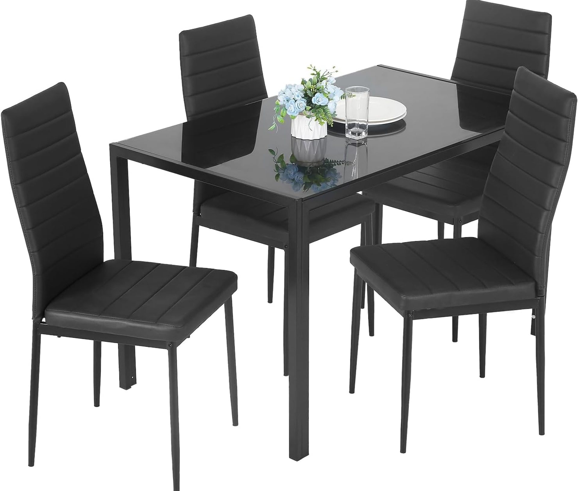 Dining Table Set 5-Piece Dining Room Glass Tabletop Table &Upholstered Chairs for 4 Modern Kitchen Table with Chairs Space-Saving Home Furniture for Dining Room Kitchen Living Room,Black Dining Table Set 5-Piece Dining Room Glass Tabletop Table &Upholstered Chairs for 4 Modern Kitchen Table with Chairs Space-Saving Home Furniture for Dining Room Kitchen Living Room,Black