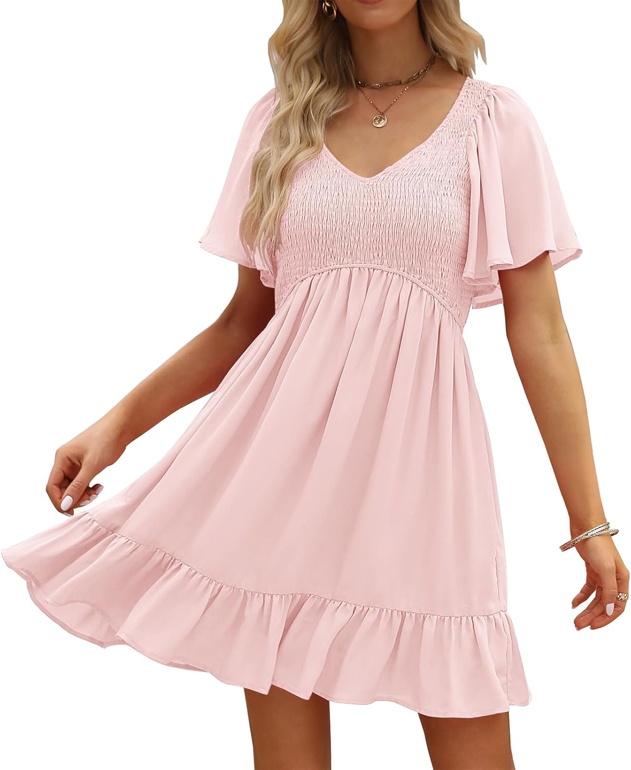LILLUSORY Women’s Flowy Casual Mini Dresses 2025 Summer Graduation Smocked V Neck Vacation Dress Dress with Pockets LILLUSORY Women’s Flowy Casual Mini Dresses 2025 Summer Graduation Smocked V Neck Vacation Dress Dress with Pockets