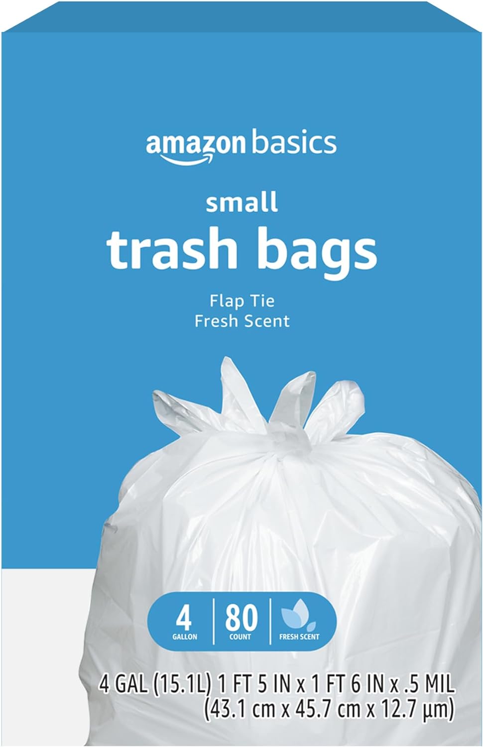 Amazon Basics 4 Gallon Trash Bags, Flap Ties, Fresh Scent, 80 Count, Pack of 1 Amazon Basics 4 Gallon Trash Bags, Flap Ties, Fresh Scent, 80 Count, Pack of 1