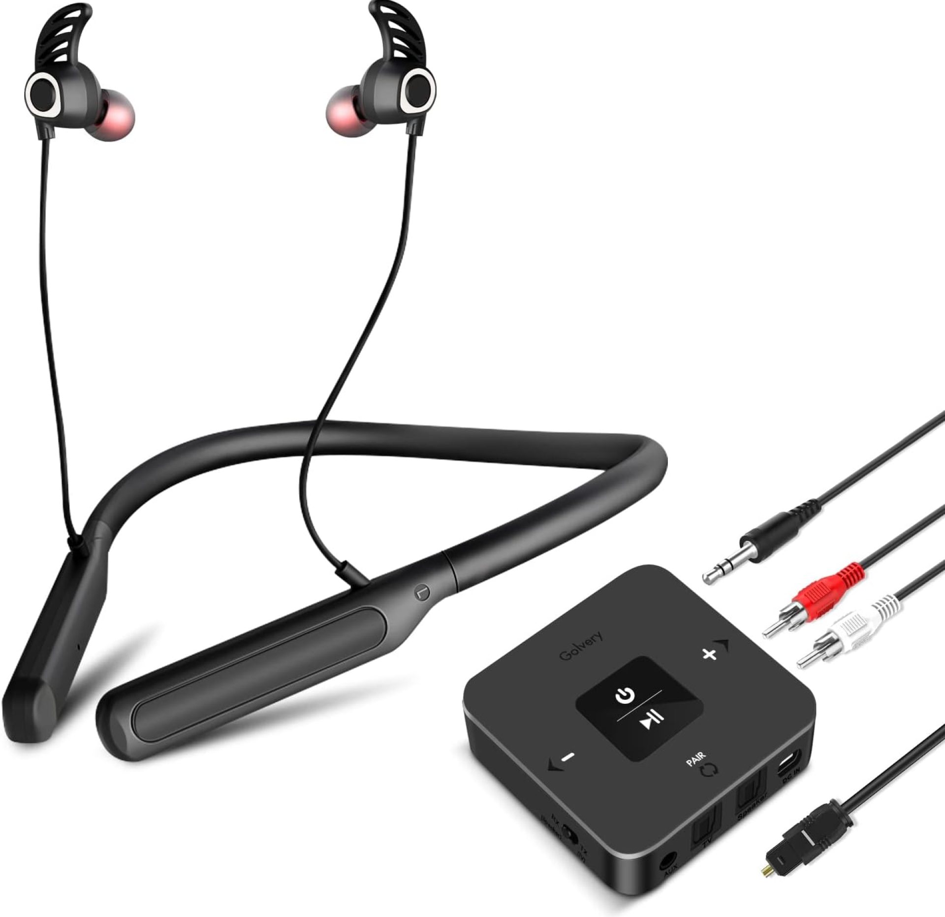Golvery Bluetooth Headphones Transmitter for TV Watching, Neckband Wireless Stereo Earphones Earbuds Set w/Transmitter Adapter for Optical Digital RCA 3.5mm Aux TVs, Plug n Play No Audio Delay Golvery Bluetooth Headphones Transmitter for TV Watching, Neckband Wireless Stereo Earphones Earbuds Set w/Transmitter Adapter for Optical Digital RCA 3.5mm Aux TVs, Plug n Play No Audio Delay