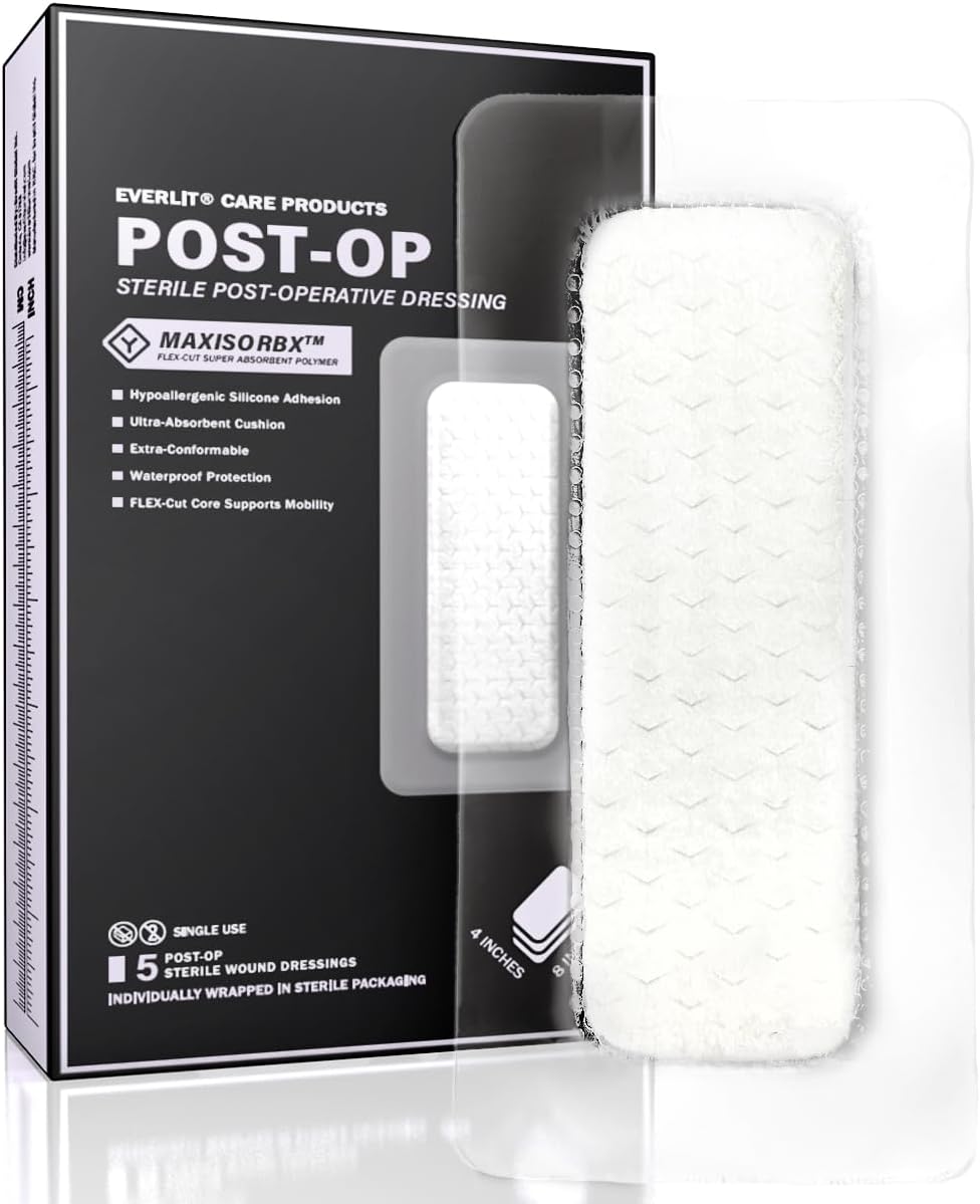 EVERLIT Post-OP Dressing | Sterile Waterproof Adhesive Dressing for Post-Operative Wound Care | Hypoallergenic Silicone Coated Bandage for Surgical Incision EVERLIT Post-OP Dressing | Sterile Waterproof Adhesive Dressing for Post-Operative Wound Care | Hypoallergenic Silicone Coated Bandage for Surgical Incision