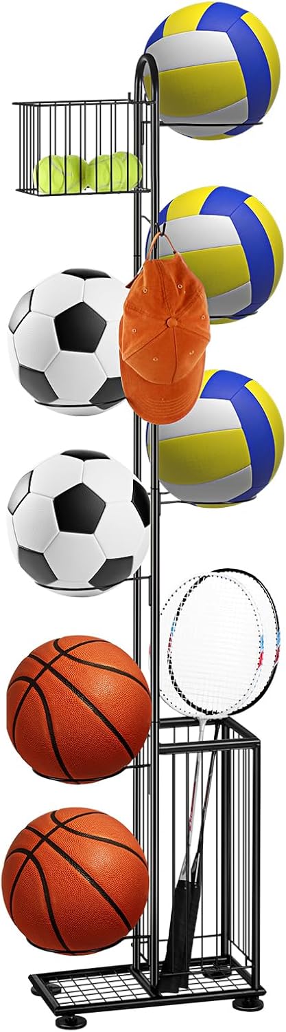 melos 7 Tier Basketball Ball Storage Rack, Freestanding Basketball Holder Garage Ball Storage Sport Organizer Rack with Basket for Volleyball Football Basketball, Indoor/Outdoor melos 7 Tier Basketball Ball Storage Rack, Freestanding Basketball Holder Garage Ball Storage Sport Organizer Rack with Basket for Volleyball Football Basketball, Indoor/Outdoor