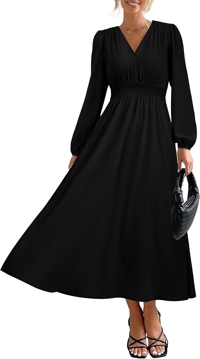 PRTTYGARDEN Womens Long Sleeve Maxi Dress 2025 Spring Trendy Elegant V Neck Flowy Wedding Guest Holiday Formal Long Dresses PRTTYGARDEN Womens Long Sleeve Maxi Dress 2025 Spring Trendy Elegant V Neck Flowy Wedding Guest Holiday Formal Long Dresses