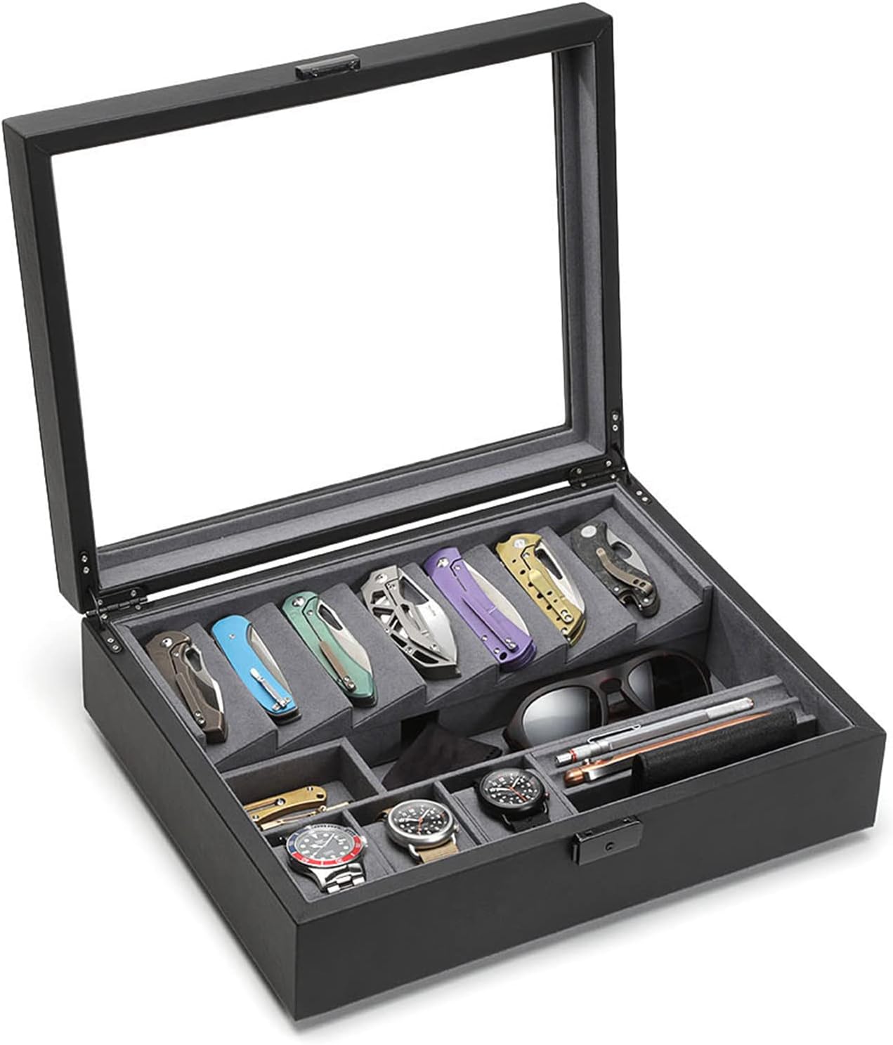Kaviso Cache Display Valet – EDC, Blade, Watch, and Jewelry Locking Storage Case, USB Pass-through, Microfiber Lining, Faux Leather, Stackable (Valet) Black Kaviso Cache Display Valet – EDC, Blade, Watch, and Jewelry Locking Storage Case, USB Pass-through, Microfiber Lining, Faux Leather, Stackable (Valet) Black