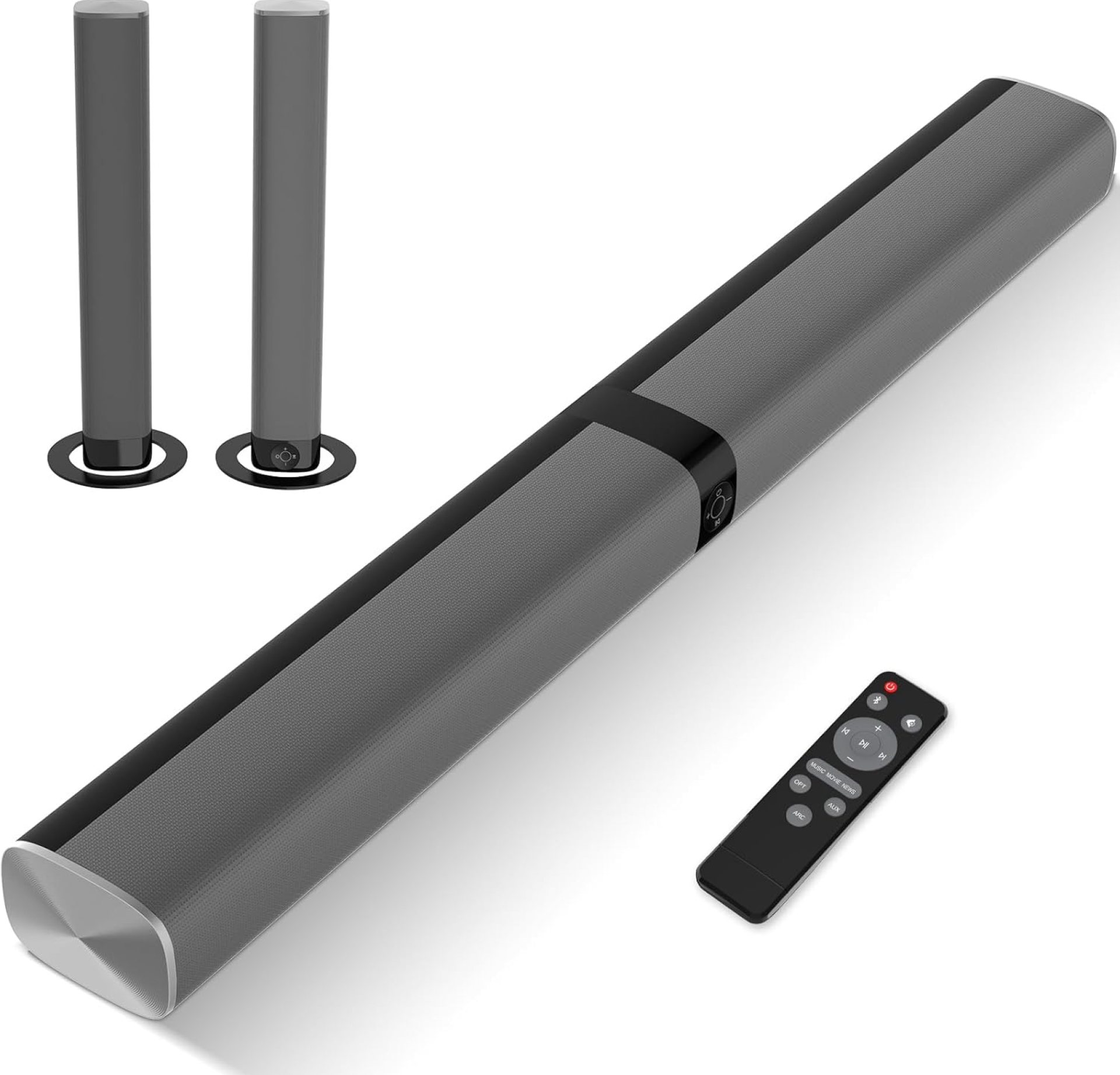 Sound Bar for Smart TV, 60W Soundbar for TV, Wired & Bluetooth Connection with Dynamic Volume Boost & 3 Equalizer Modes, ARC/Optical/AUX Connection, 2 in 1 Detachable TV Sound Bar Sound Bar for Smart TV, 60W Soundbar for TV, Wired & Bluetooth Connection with Dynamic Volume Boost & 3 Equalizer Modes, ARC/Optical/AUX Connection, 2 in 1 Detachable TV Sound Bar