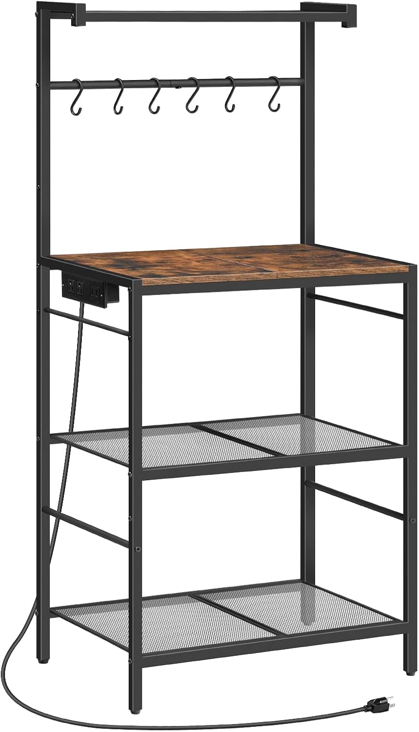 Bakers Rack with Charging Station, Microwave Stand with 6 S-Shaped Hooks, 4-Tier Storage Rack, Practical Coffee Bar, for Kitchen, Dining Room, Rustic Brown BRHR35E01 Bakers Rack with Charging Station, Microwave Stand with 6 S-Shaped Hooks, 4-Tier Storage Rack, Practical Coffee Bar, for Kitchen, Dining Room, Rustic Brown BRHR35E01