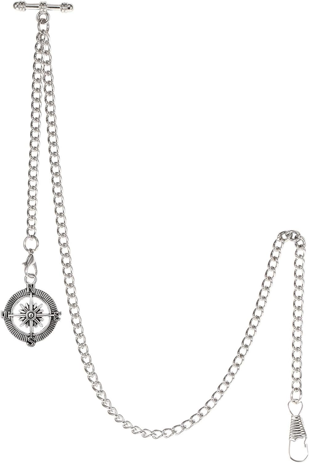 Men’s Albert Chain Pocket Watch Curb Link Key Chain 2 Hooks with Antique Compass Pendant Design Charm Fob T Bar Men’s Albert Chain Pocket Watch Curb Link Key Chain 2 Hooks with Antique Compass Pendant Design Charm Fob T Bar