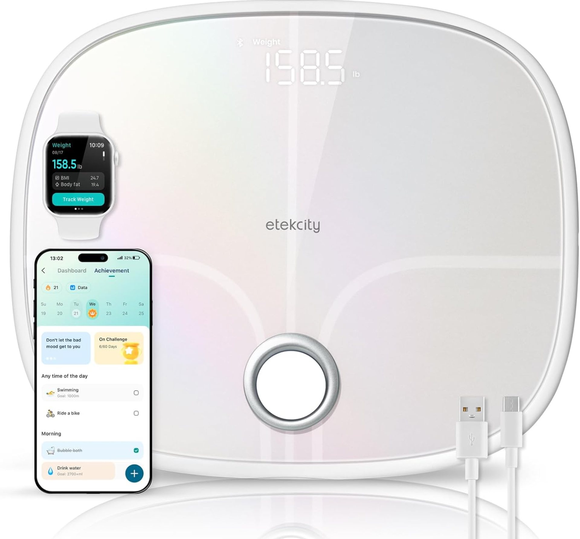 Etekcity Smart Rechargeable Scale for Body Weight, BMI, Fat, Muscle Mass, Digital Bathroom Scale with 13 Metrics, Secret Mode, Bluetooth Connect to Free Apps, Rainbow White Etekcity Smart Rechargeable Scale for Body Weight, BMI, Fat, Muscle Mass, Digital Bathroom Scale with 13 Metrics, Secret Mode, Bluetooth Connect to Free Apps, Rainbow White